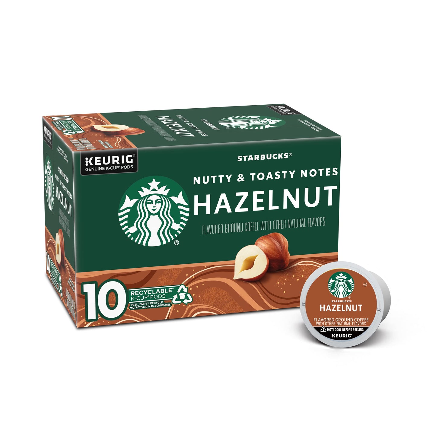 Starbucks K-Cup Coffee Pods, Hazelnut Flavored Coffee, Naturally Flavored, 100% Arabica, 1 Box (10 Pods)
