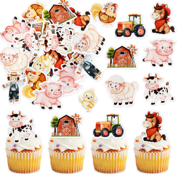 45Pcs Edible Farm Theme Cupcake Toppers Wafer Paper Animal Cartoon Tractor Barnyard Cupcake Toppers Drink Topper Dessert Muffin 