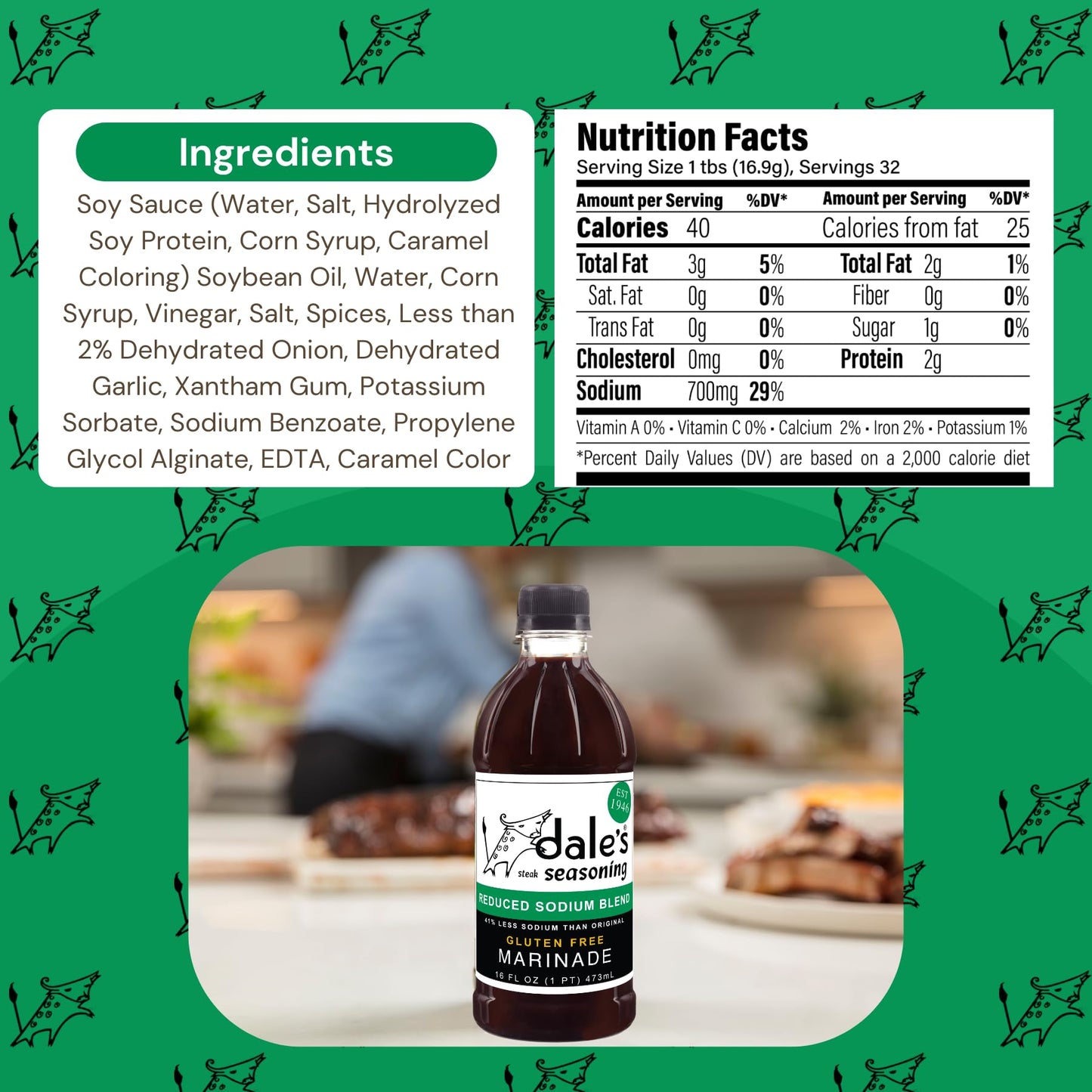 Dales Gourmet Reduced Sodium Steak Seasoning & Marinade, 16 oz Bottles, Cholesterol Free, Gluten Free, Pack of 6