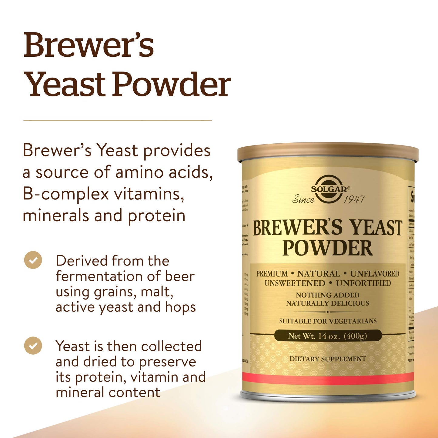 Solgar Brewers Yeast Powder, 14 oz - Rich Source of Amino Acids, B-Complex Vitamins, Minerals, & Protein - Natural, Unflavored,