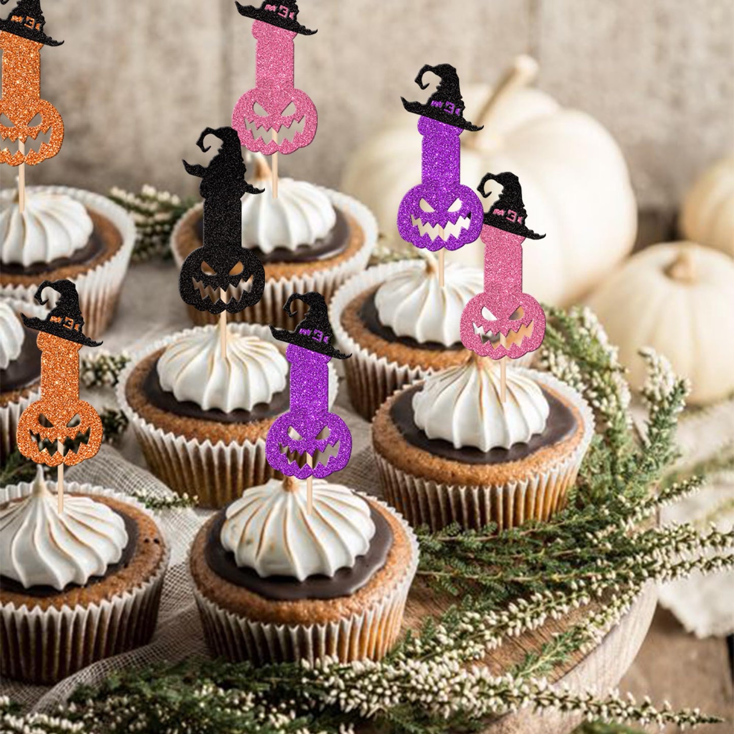 24 Pcs Halloween Bachelor Party Cupcake Toppers Glitter Ghost Witch Hat Bachelorette Cupcake Picks Hen Funny Party Cake Decorati