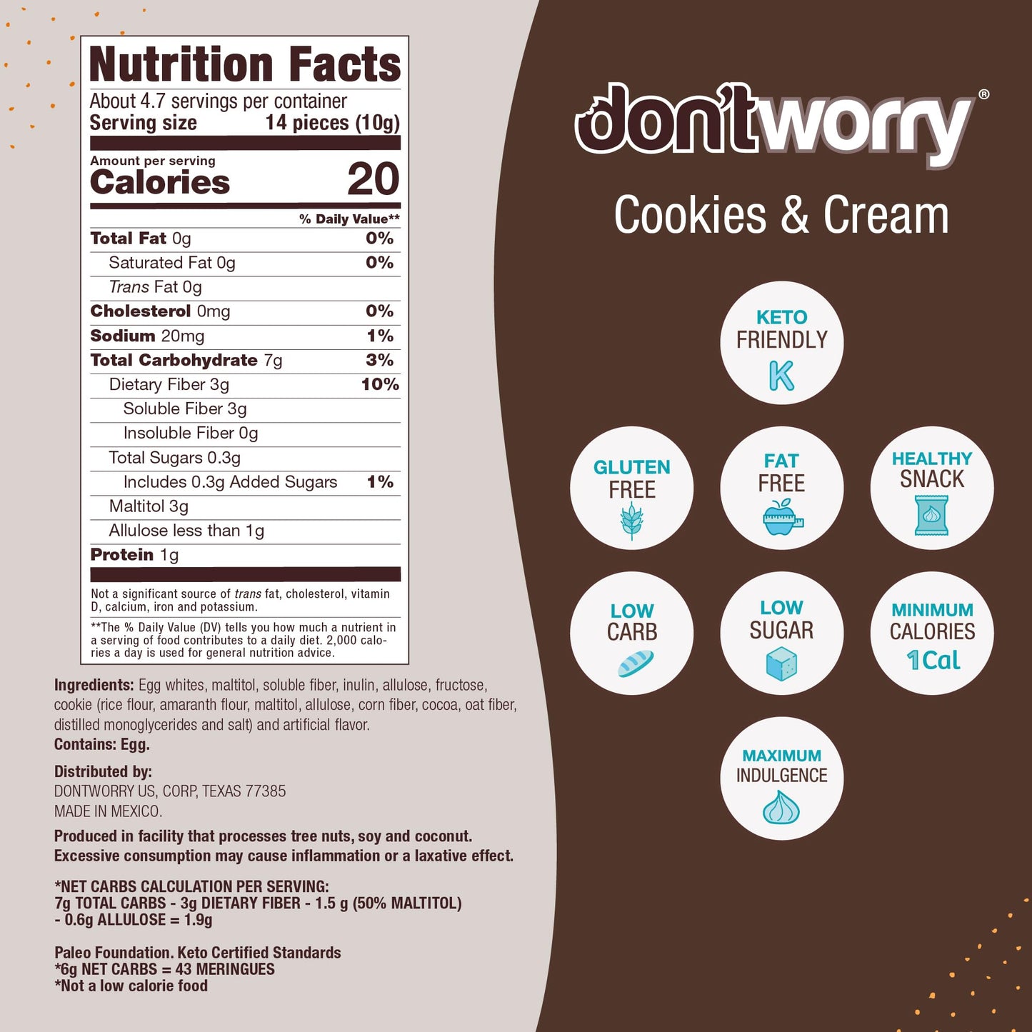 Dont Worry Meringue Cookies Keto Friendly - Low Calories per piece!  Healthy Candy  Gluten Free Cookies  Low Carb  Low Sugar Snacks - 4 Pack