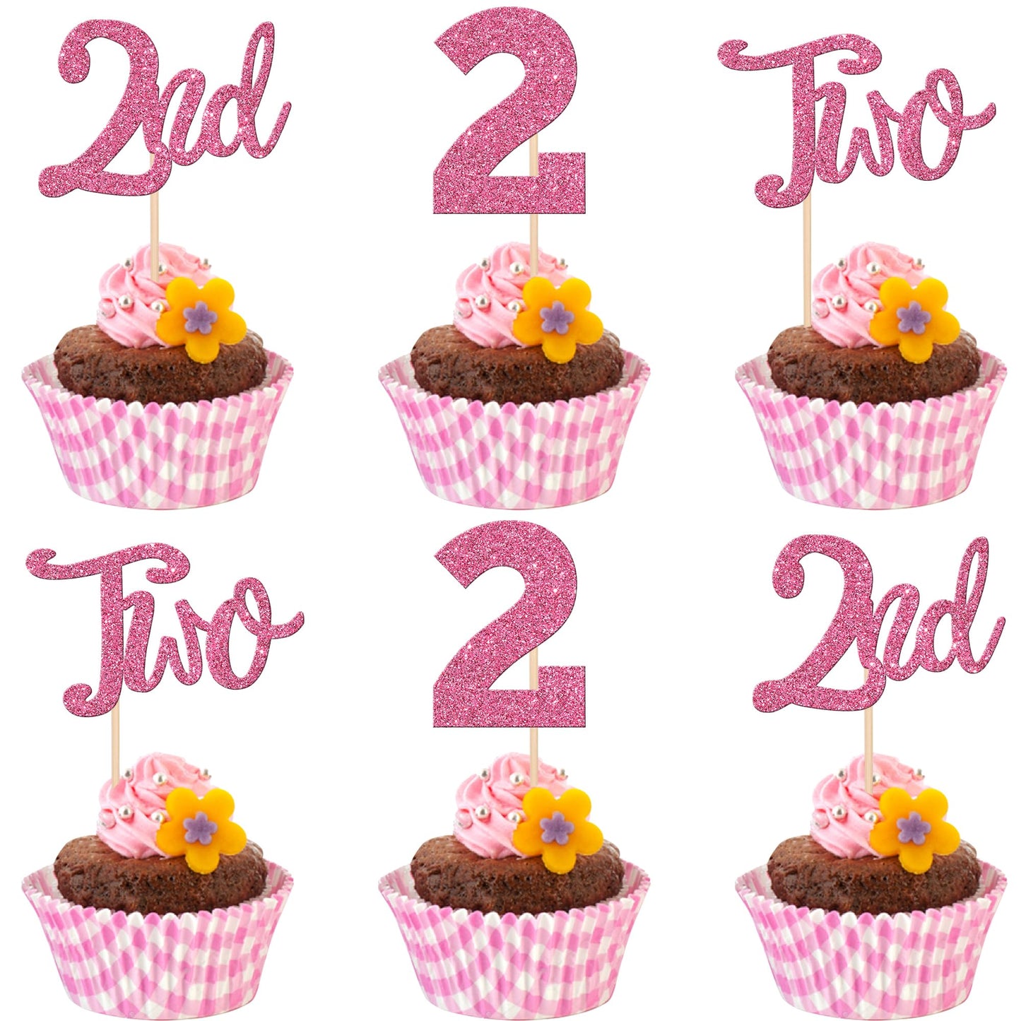 24 PCS Two Cupcake Toppers Glitter 2nd Birthday Cupcake Picks Number 2 Two Cake Picks for Baby Shower Kids Second Birthday Anniv