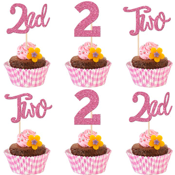 24 PCS Two Cupcake Toppers Glitter 2nd Birthday Cupcake Picks Number 2 Two Cake Picks for Baby Shower Kids Second Birthday Anniv