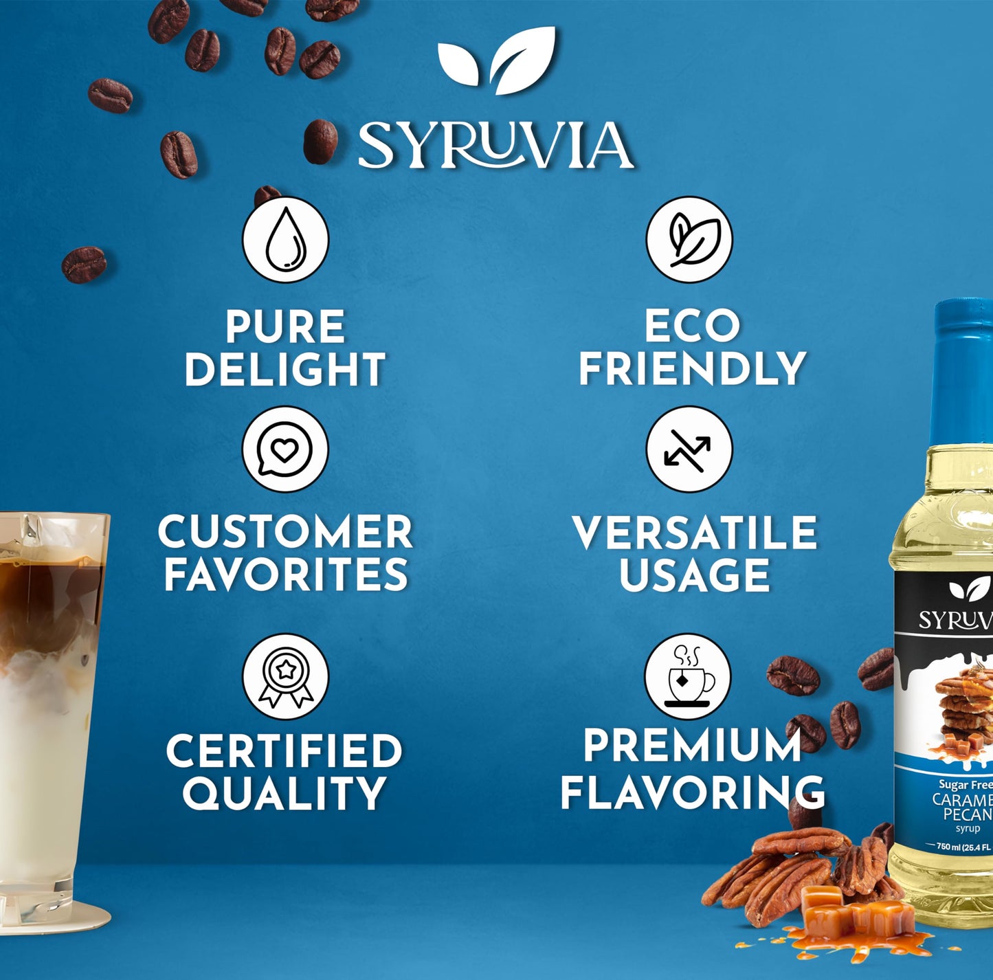 Syruvia Sugar Free Caramel Pecan Syrup With Syrup Pump Dispenser - Caramel Pecan Coffee Syrup Flavor, 25.4 Fl Oz, Kosher, Gluten