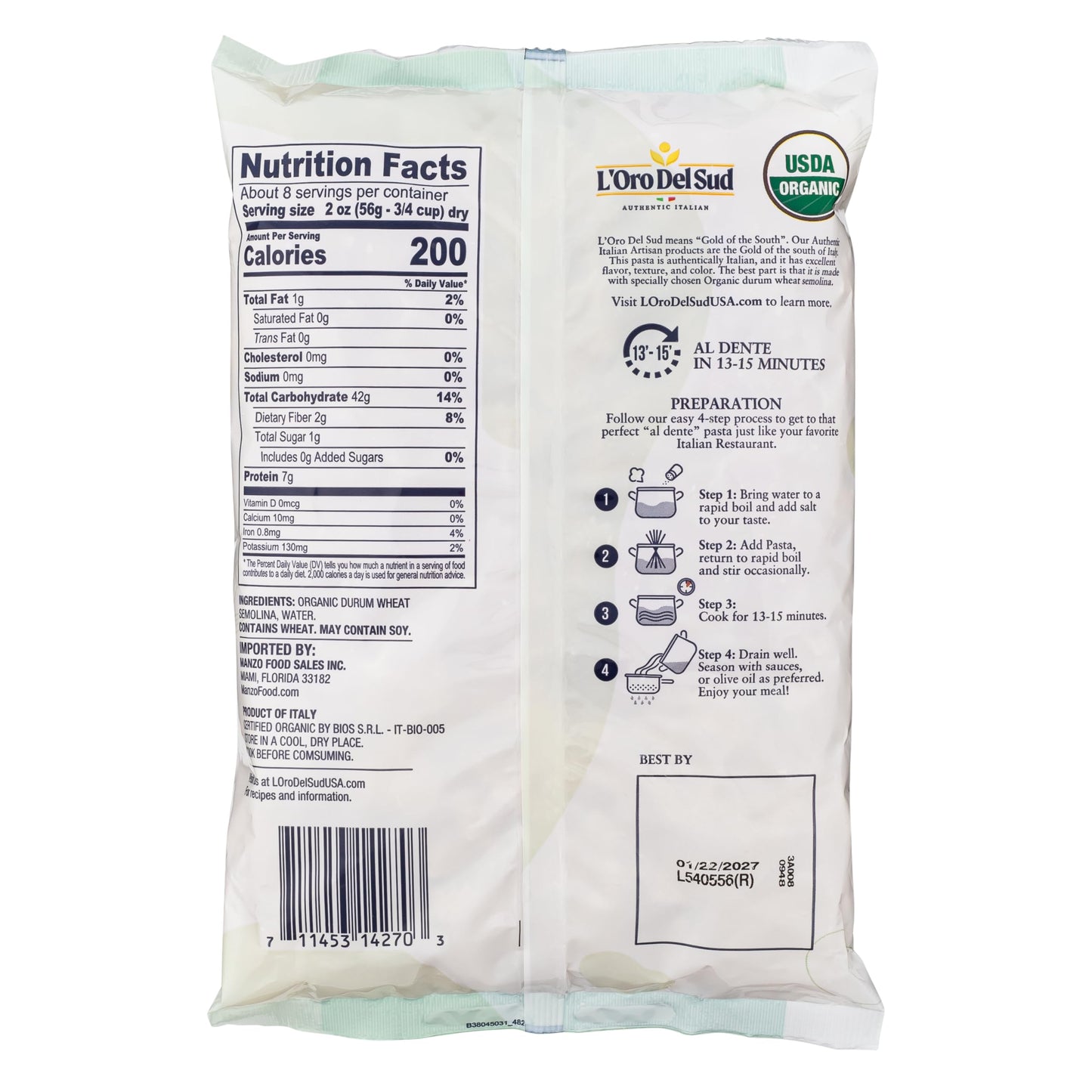 Organic Farfalle Pasta, (16 Oz X 20 Pack), Italian Pasta, Durum Wheat Premium Quality, Product Of Italy, L'Oro Del Sud