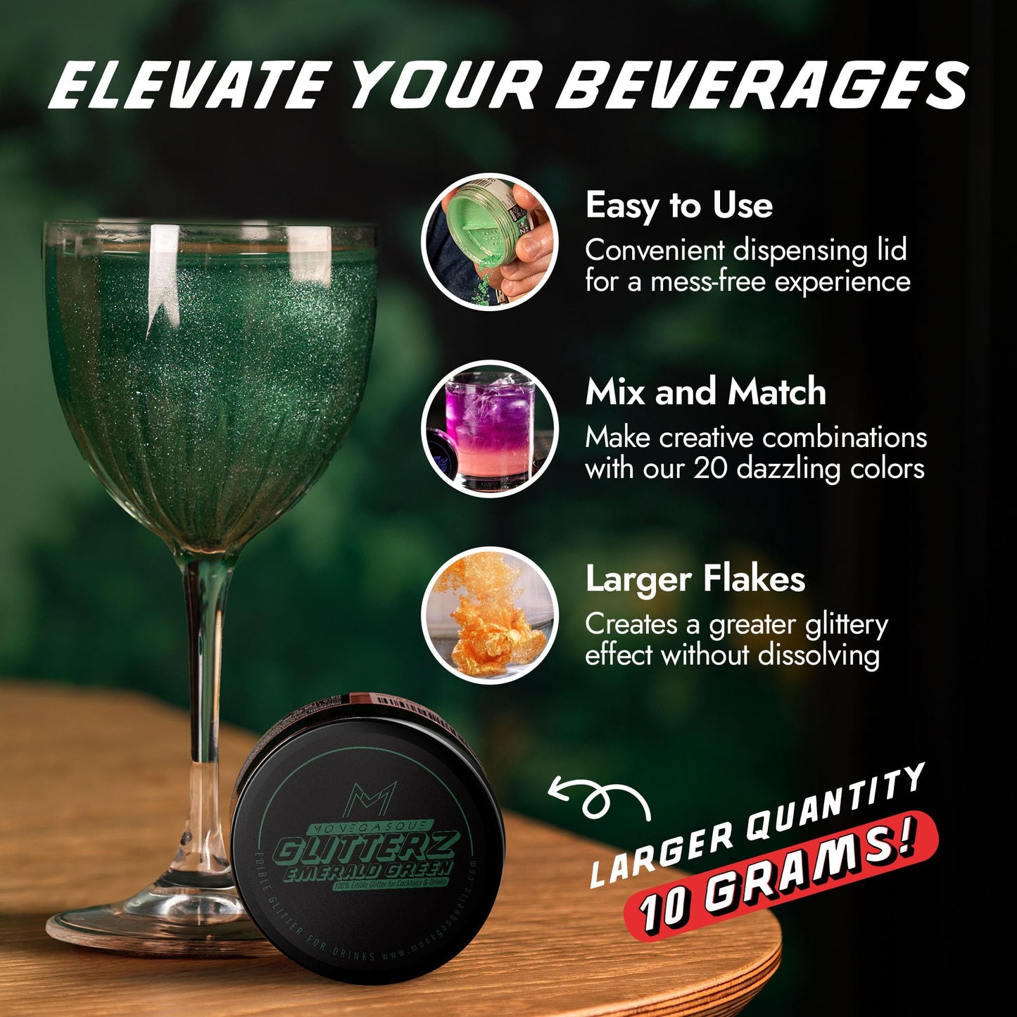 MONÉGASQUE Edible Glitter for Cocktails, 10g, Emerald Green, Ideal for Drinks and Cakes