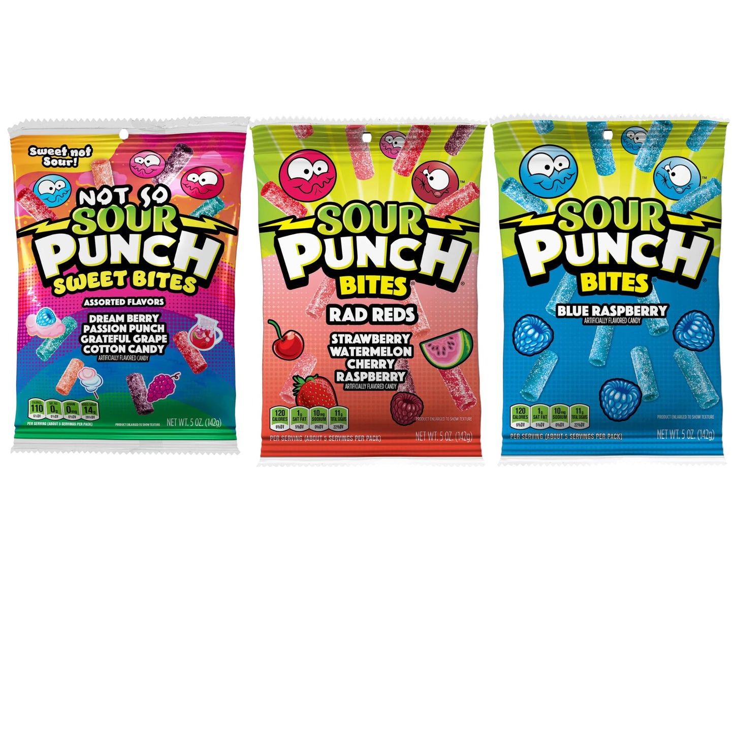Sour Punch Fruity Mystery Straws Bundle 3 Items Gift Assortment 4.5 Ounce Pack Each, 3 Packs Total (5Oz: Strawberry, Blue Raspberry & Sweet Bites)