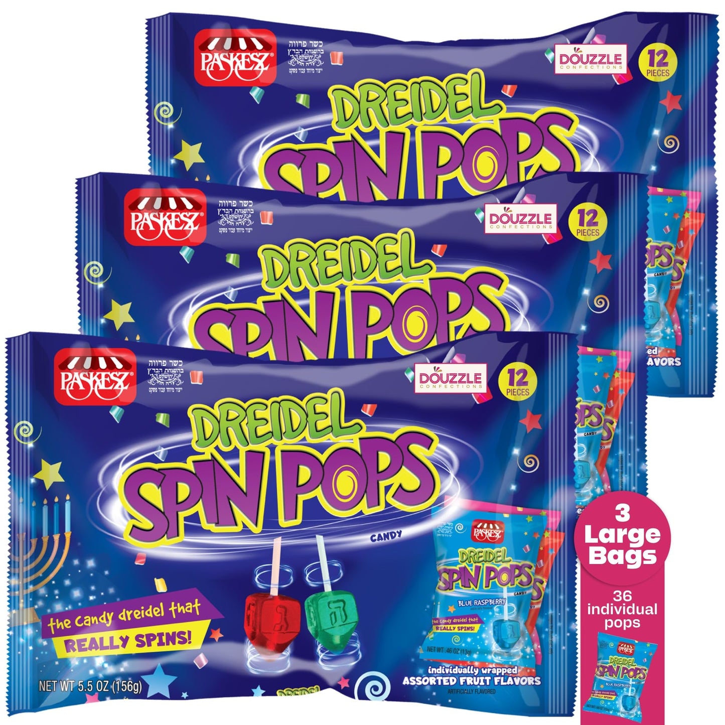 Douzzle Hanukkah Candy Dreidels For Kids, Dreidel Spin Pops, Individually Wrapped Assorted Fruity Flavors (Pack Of 3) Hanukah Party Favors, Happy Chanuka Sweet Treat & Gifts - Kosher Parve