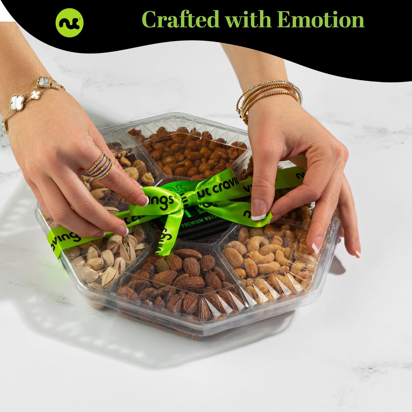 Nut Cravings Gourmet Collection - Rosh Hashana & Shana Tova Mixed Nuts Gift Basket + Green Ribbon (7 Assortments, 1 Lb) Arrangem