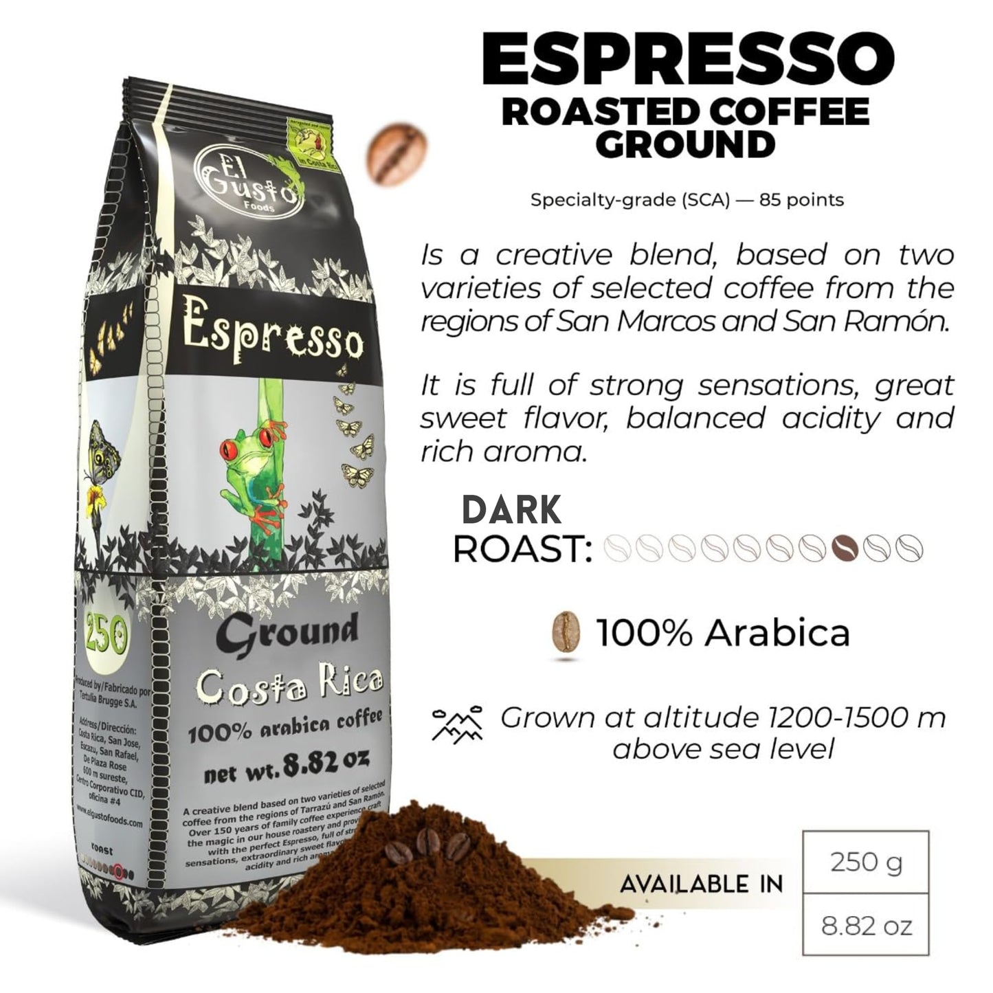 Costa Rican Coffee, Espresso Roast Ground (8.8Oz) - 100% Fresh Arabica Beans, Shade Grown & Localy Sourced - Costa Rican Souvenirs, Perfect Coffee Lover Gift