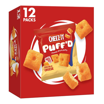 Cheez-It Puff'D Cheesy Baked Snacks, Puffed Snack Crackers, Kids Snacks, Grab N' Go, Double Cheese, 8.4Oz Box (12 Pouches)