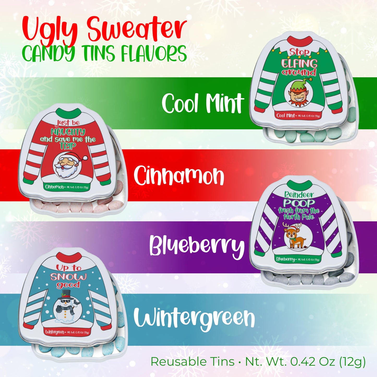 4Es Novelty Humorous Christmas Poop Candy Breath Mint Tins  4 Pack Ugly Sweater Tins Funny Christmas Candy Stocking Stuffer for Kids Teens mature-themeds Boys Girls Unique Funny Gag Gift White Elephant Gift Exchange for Men Women