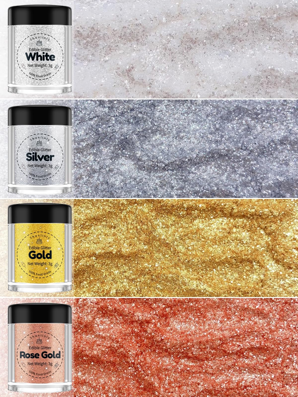 Shanlinly Edible Glitter Set - 4 Colors Food Grade Metallic Sprinkles - Gold, White, Silver, Rose Gold