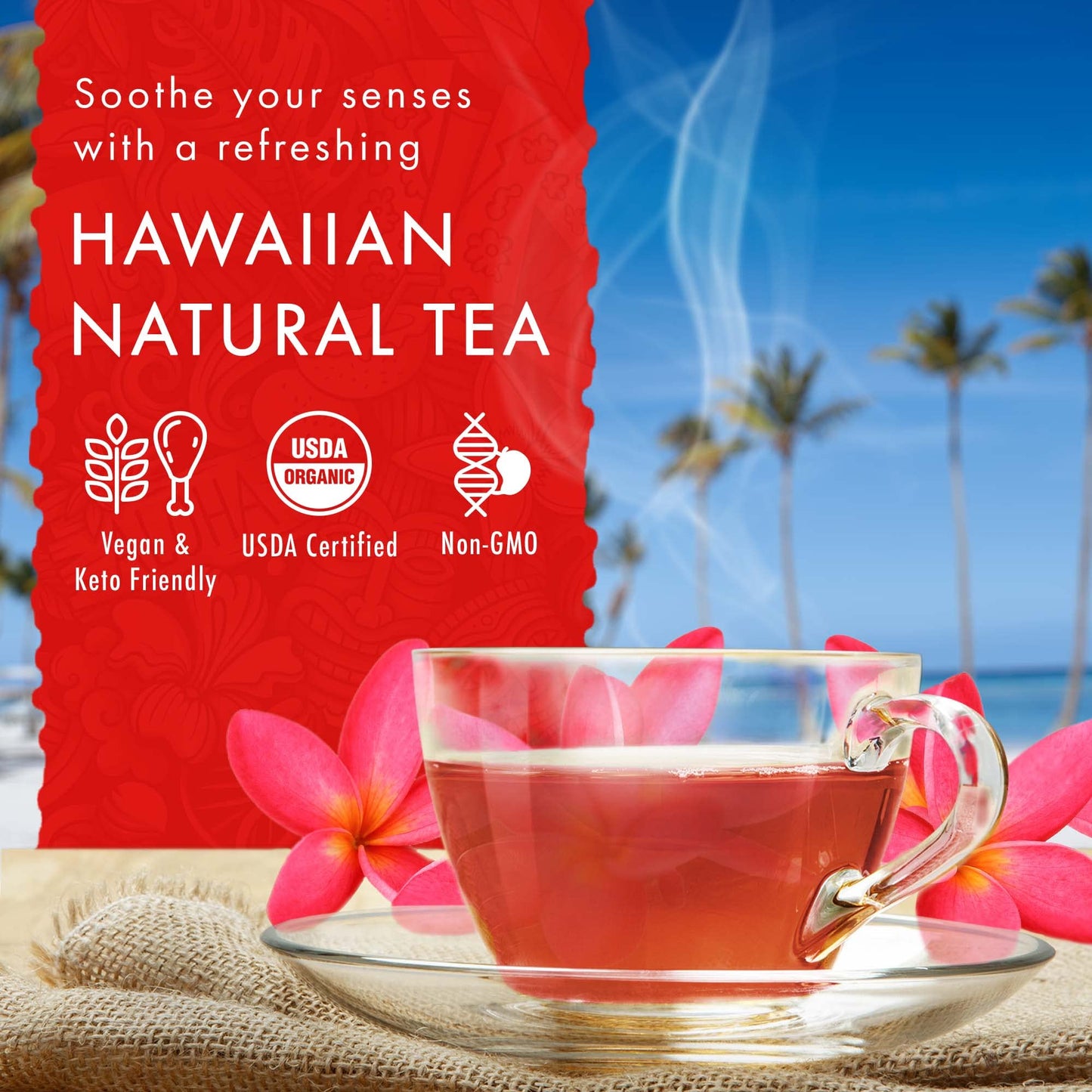 HAWAIIAN NATURAL T·E·A Organic Hibiscus Bliss Herbal Tea, Caffeine-Free, 60 Tea Bags, Vegan, Keto-Friendly, 20 Count (Pack of 3)