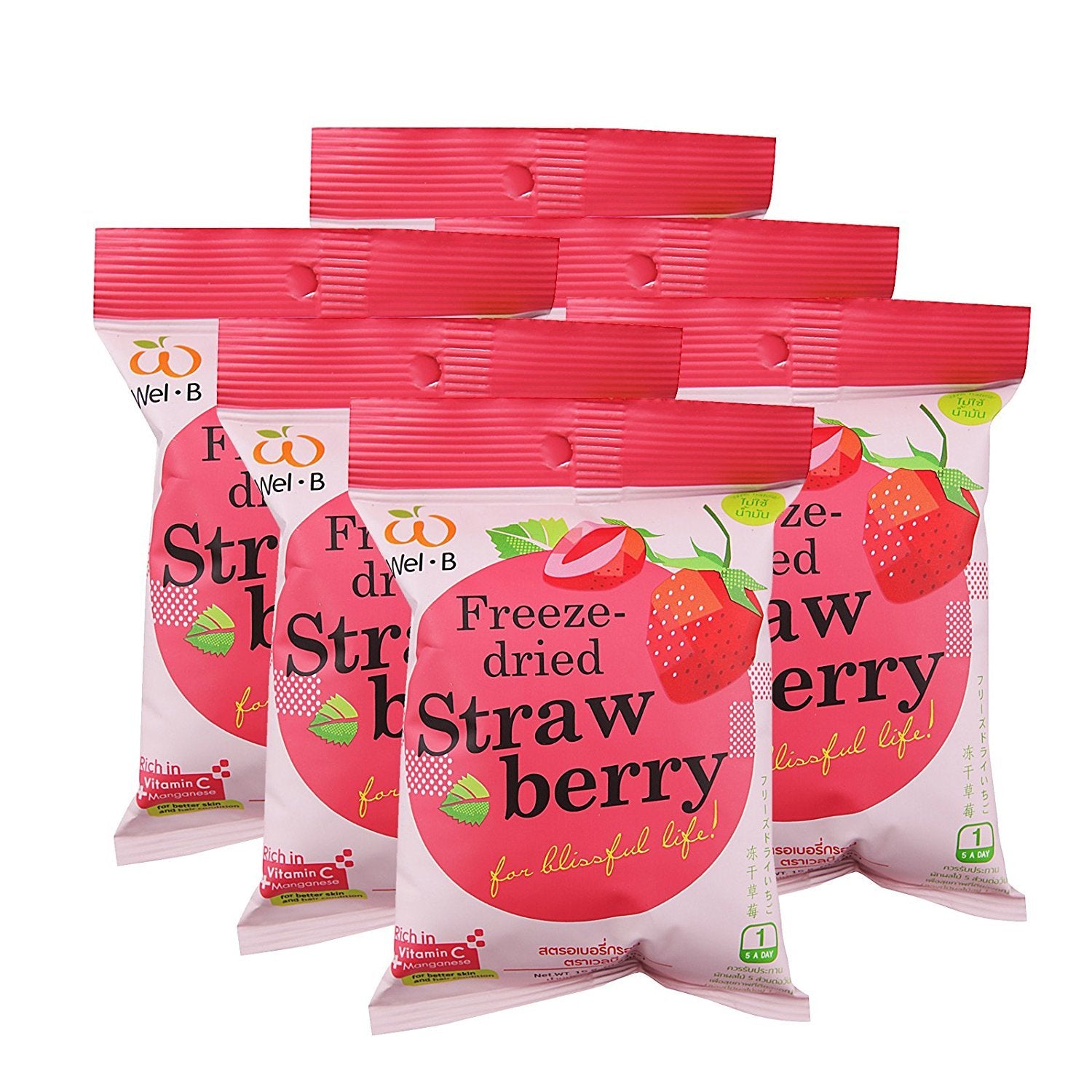 Wel-B Freeze-dried Strawberry, Freeze-dried Fruit Snack Unsweetened and 0% Fat, Real Healthy Snack 15g. (Pack6)