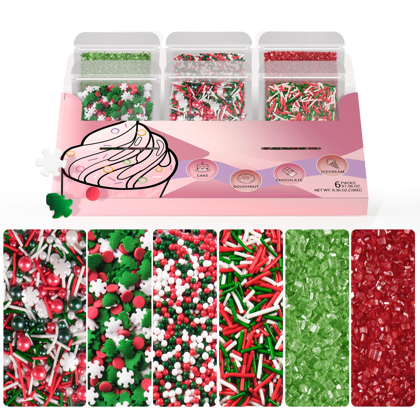HUEBEATY 6-in-1 Christmas Red and Green Sprinkles for Cookies Baking - 180g Nonpareils, Jimmies, Christmas Tree & Sugar Sprinkle