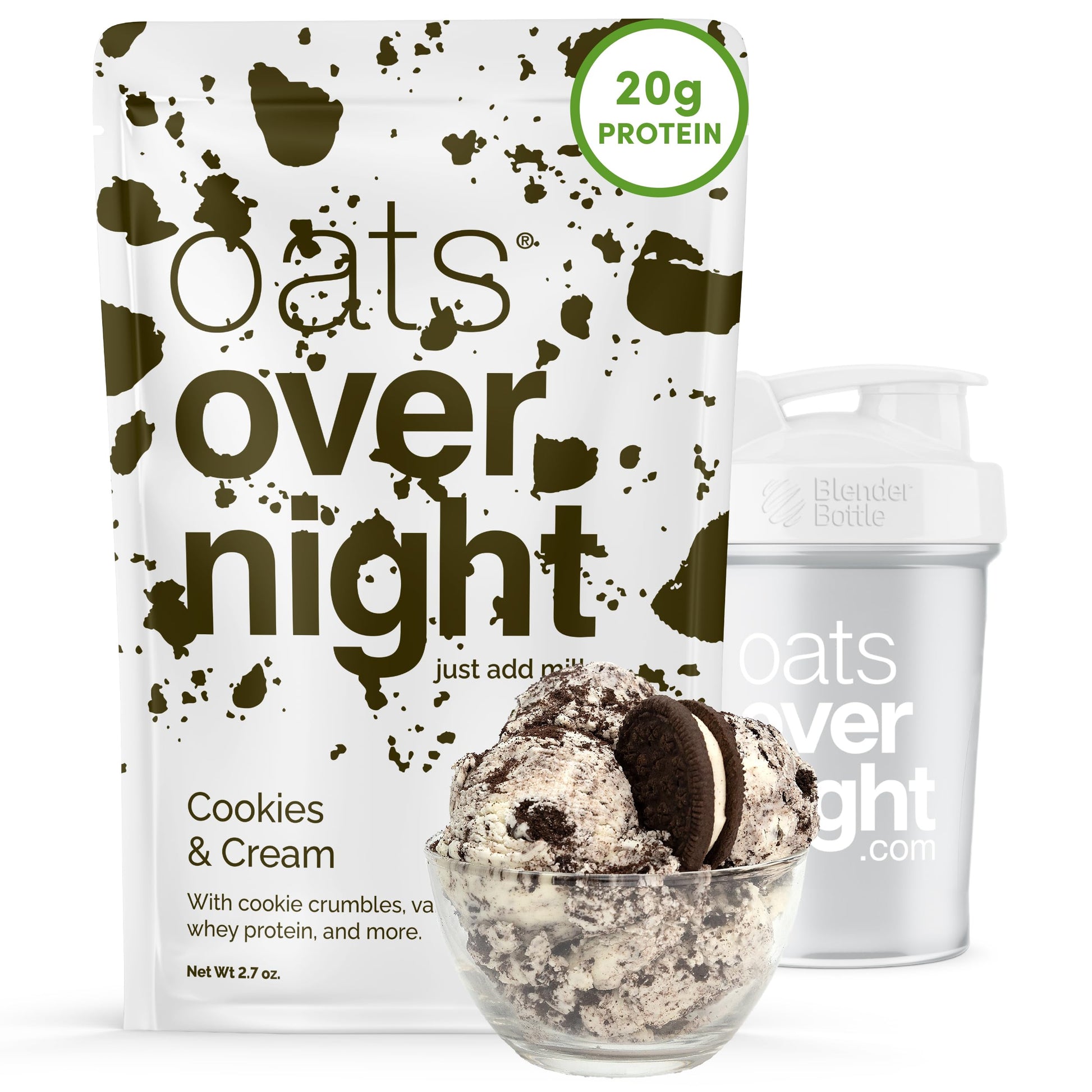Oats Overnight Cookies & Cream Overnight Oats, 20g Protein, Gluten Free, 2.7 oz (Pack of 8 + Shaker Bottle)