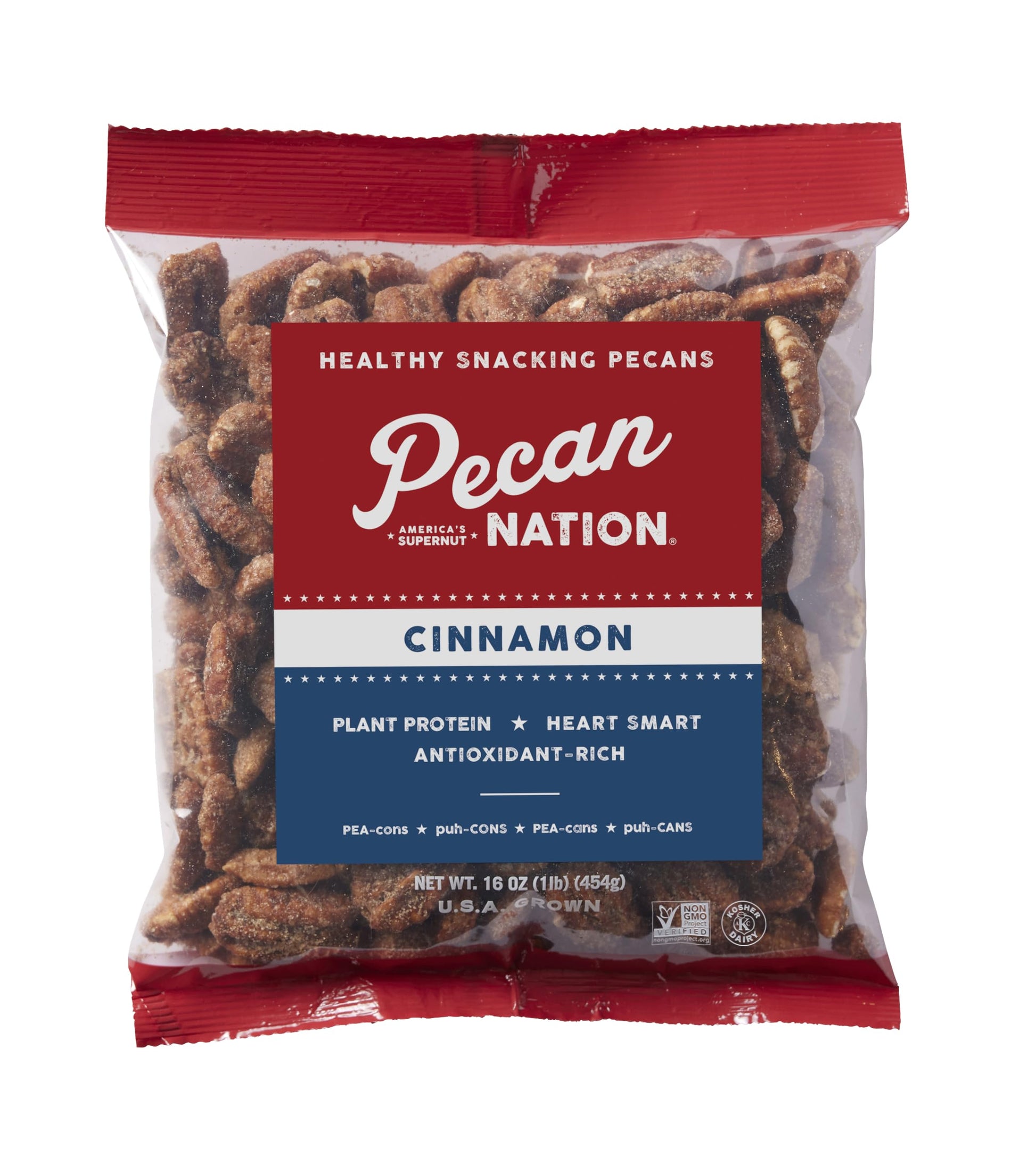 Pecan Nation Cinnamon Roasted Pecan Halves, 16 oz, Non-GMO, Antioxidant-Rich, Healthy Snack, Brown