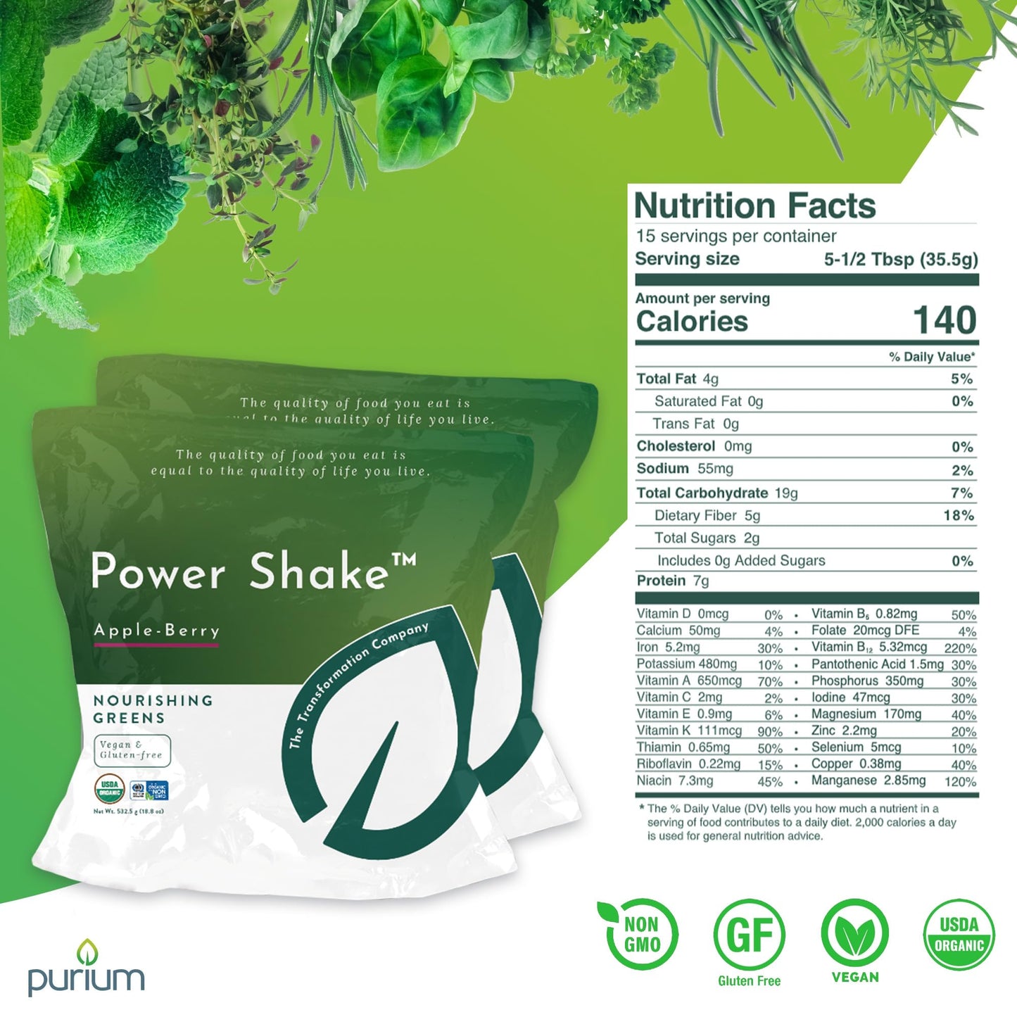 Purium Power Shake Vegan Meal Replacement Gluten Free, Apple Berry Flavor, 1065 G