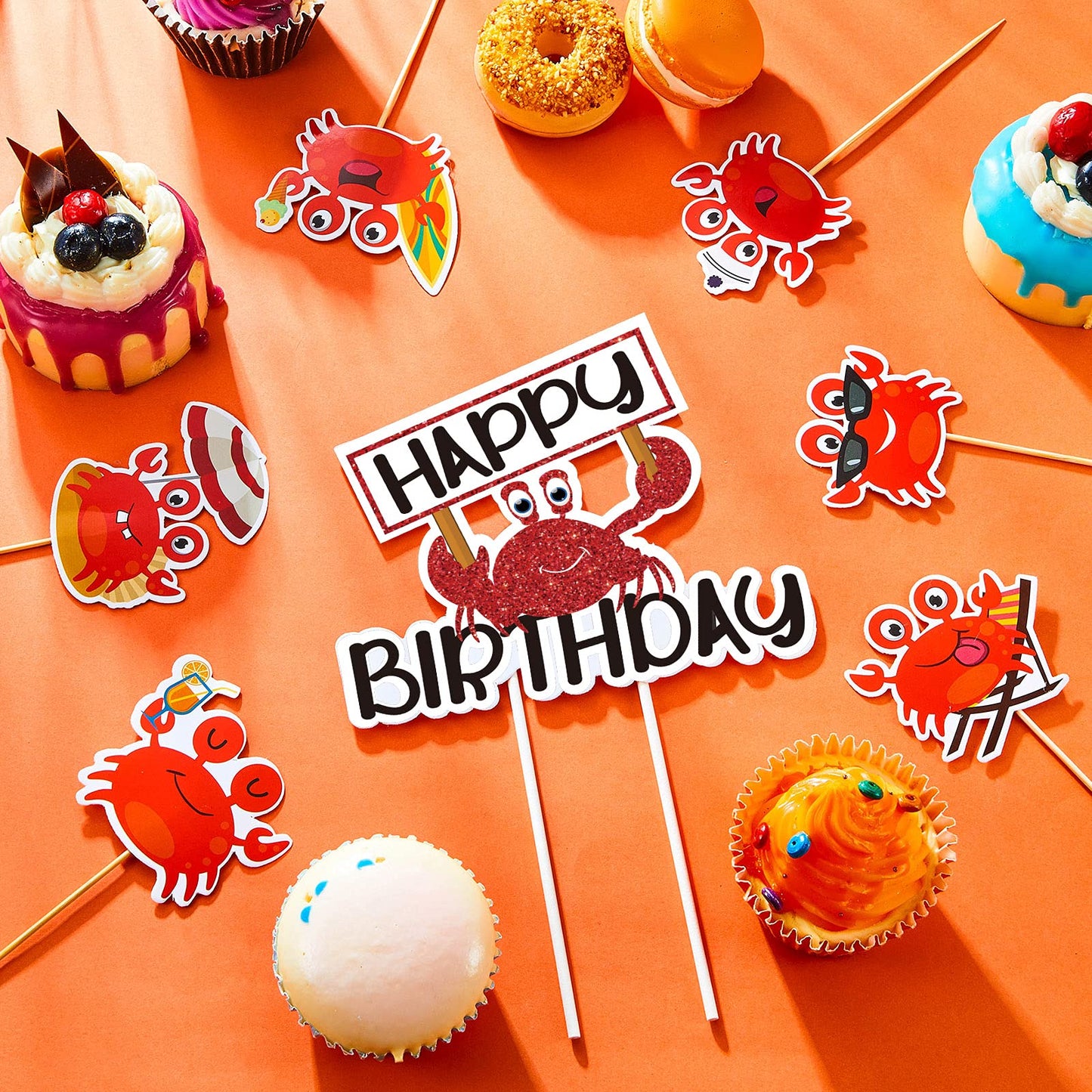 Outus Crab Cake Topper Set, 43 Pieces, Red Ocean Beach Animals Birthday Party Decorations, Model Outus-18393