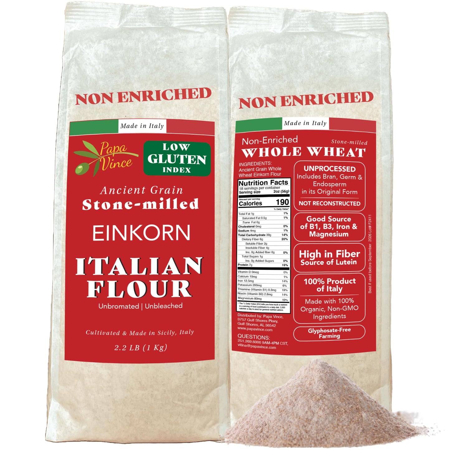 Einkorn Flour - Made in Italy, Organic Ancient Grain, Non-Enriched, Unbleached, Unbromated, High Fiber & Protein, Ancient Whole 