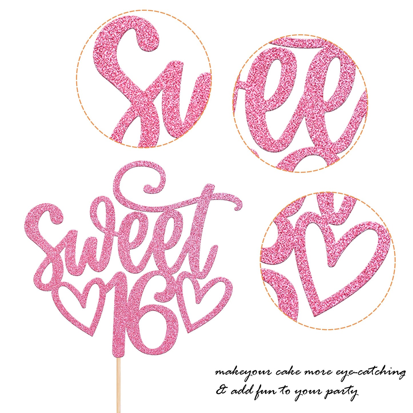 YCTHUNFISH 16th Birthday Cake Topper, Glitter Pink Bamboo Decoration for 16 Years Old Celebration