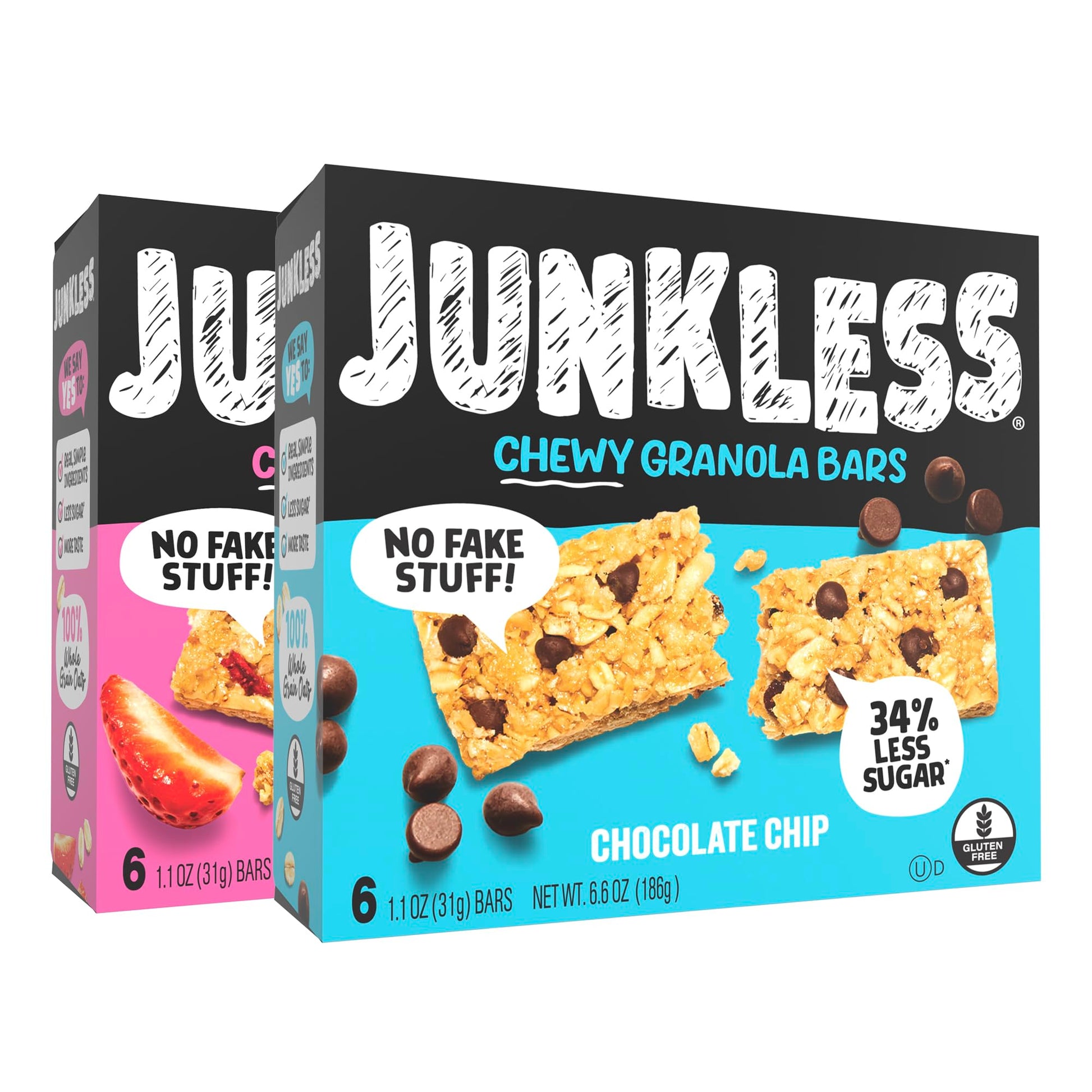 Junkless Chewy Granola Bars Twin Pack - Chocolate Chip & Strawberry - Non-GMO, Gluten-Free - 12 Bars