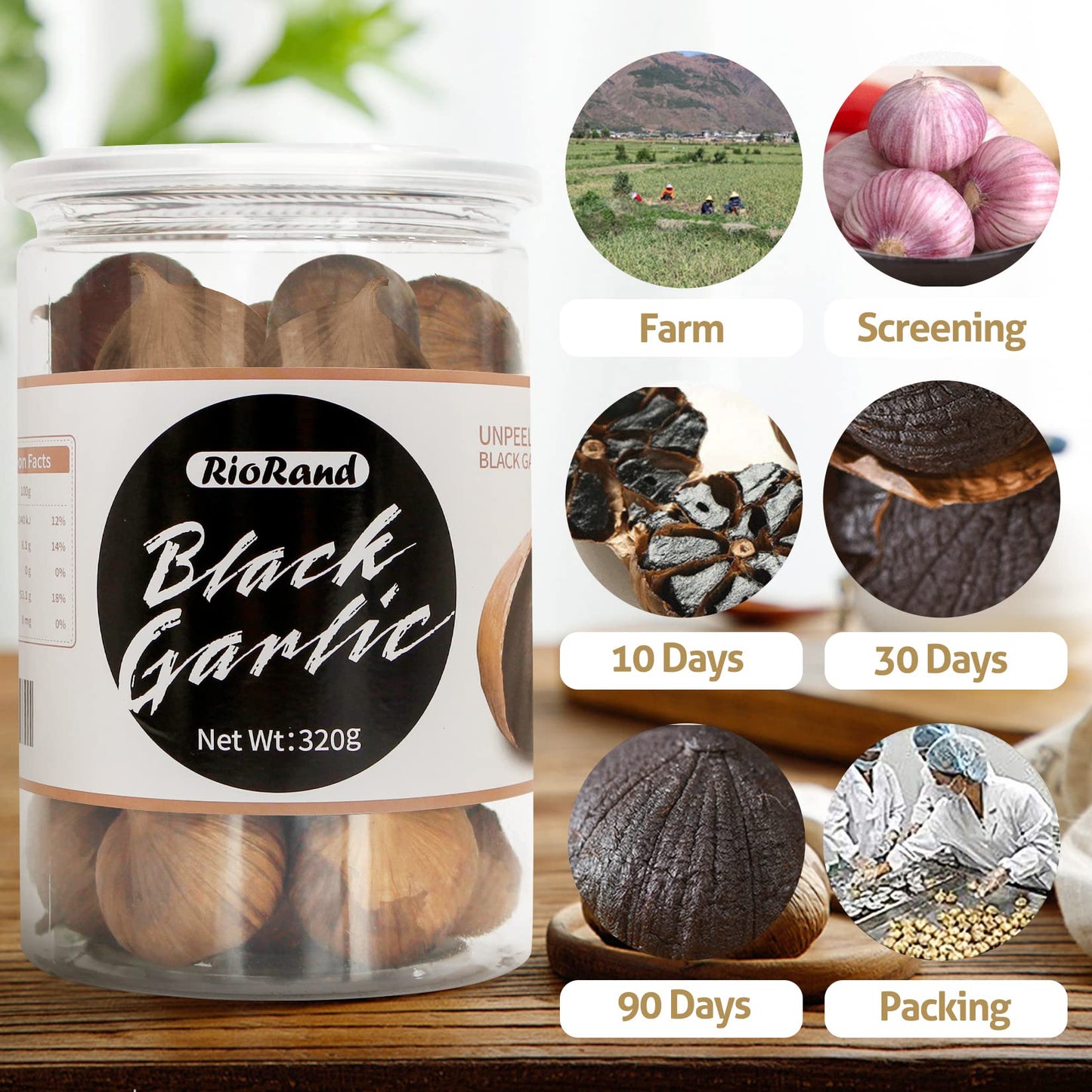Riorand Black Garlic 320G Whole Black Garlic Aged For Full 90 Days Black Garlic Jar 0.7 Pounds