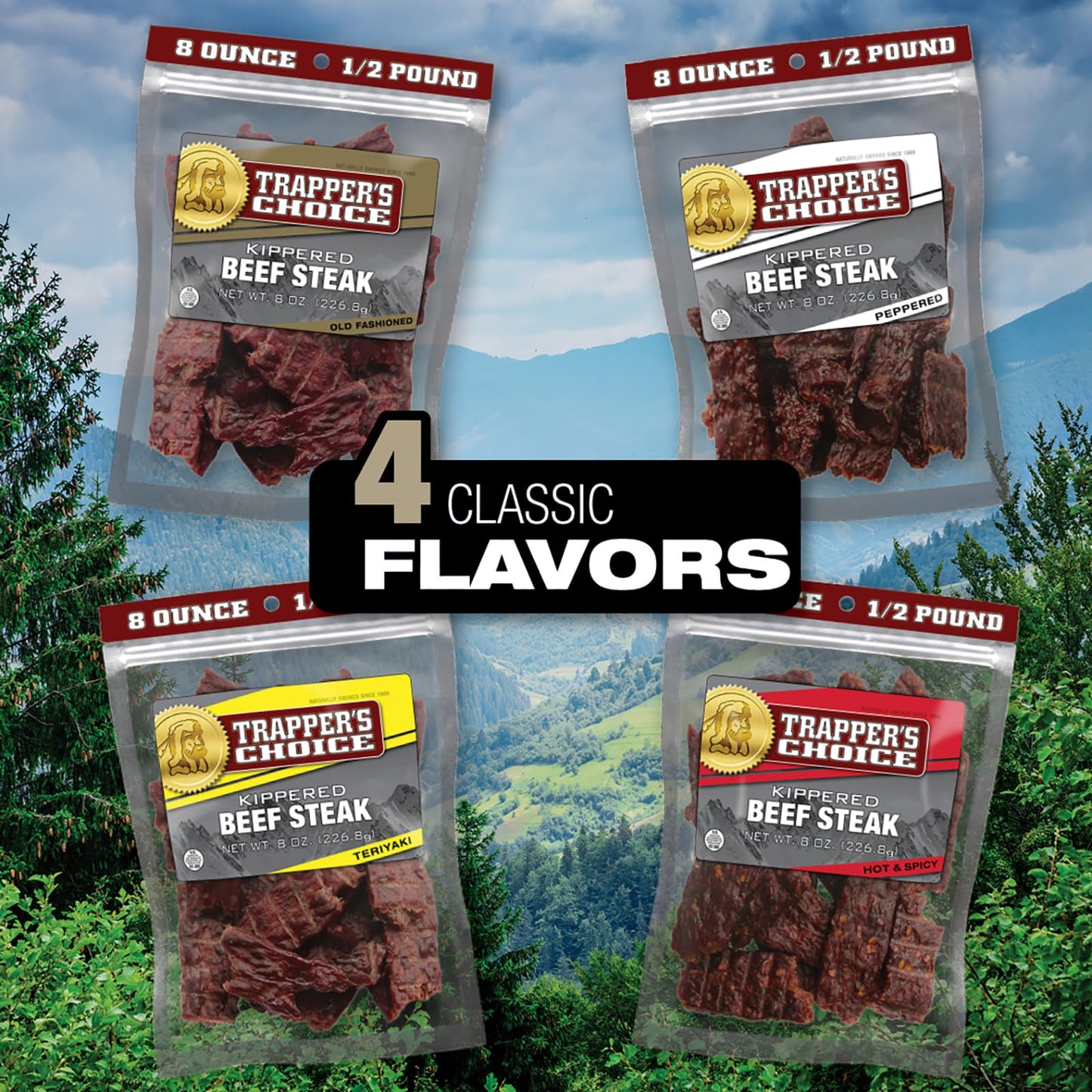 Old Trapper, Trappers Choice Kippered Steak, Old-Fashioned Flavor, Eight-Ounce Individual Package, Savory Steak Pieces, 10 Grams