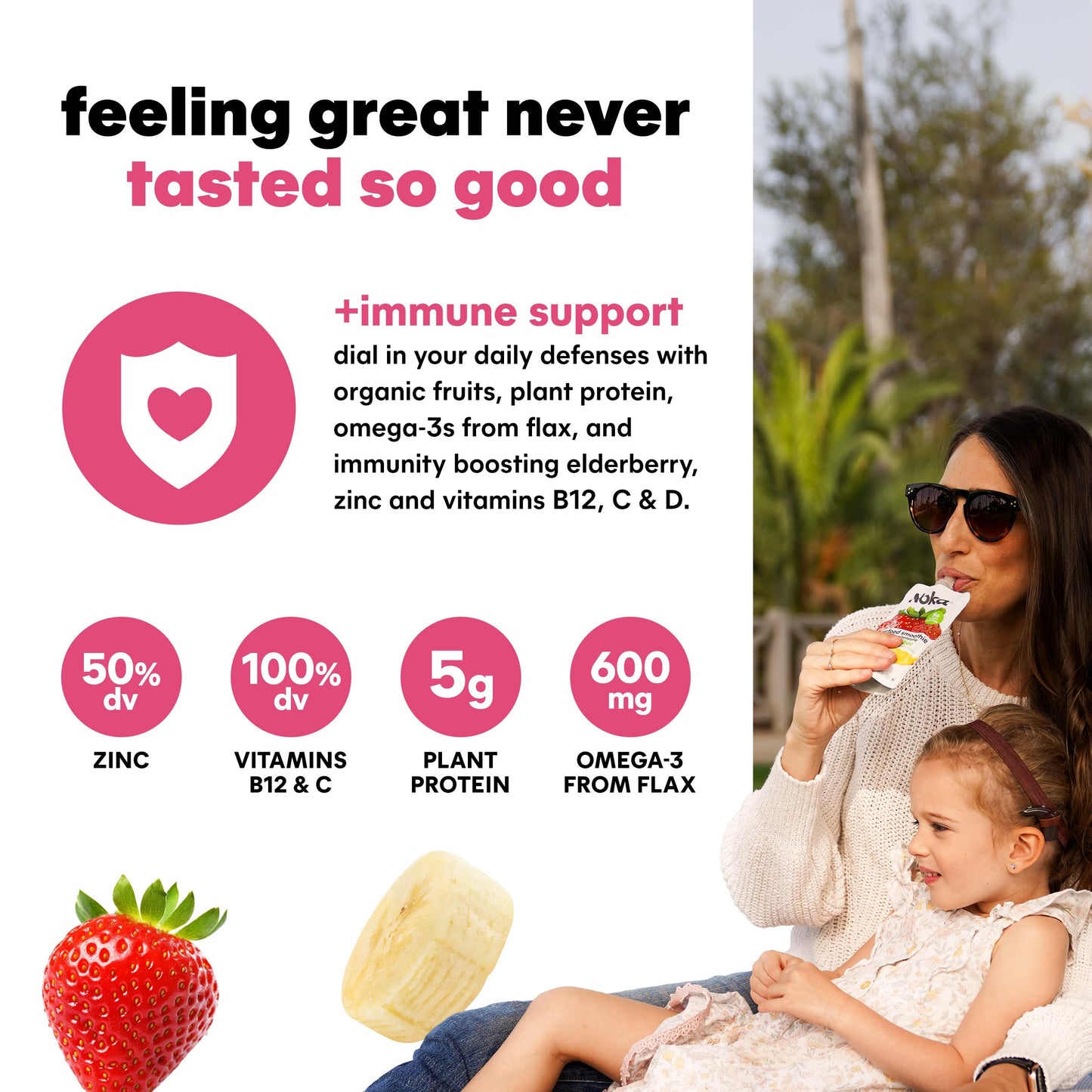 Noka Superfood Fruit Smoothie Pouches, Strawberry Banana with Immune Support, Healthy Snacks with Elderberry, Flax Seed, Plant P