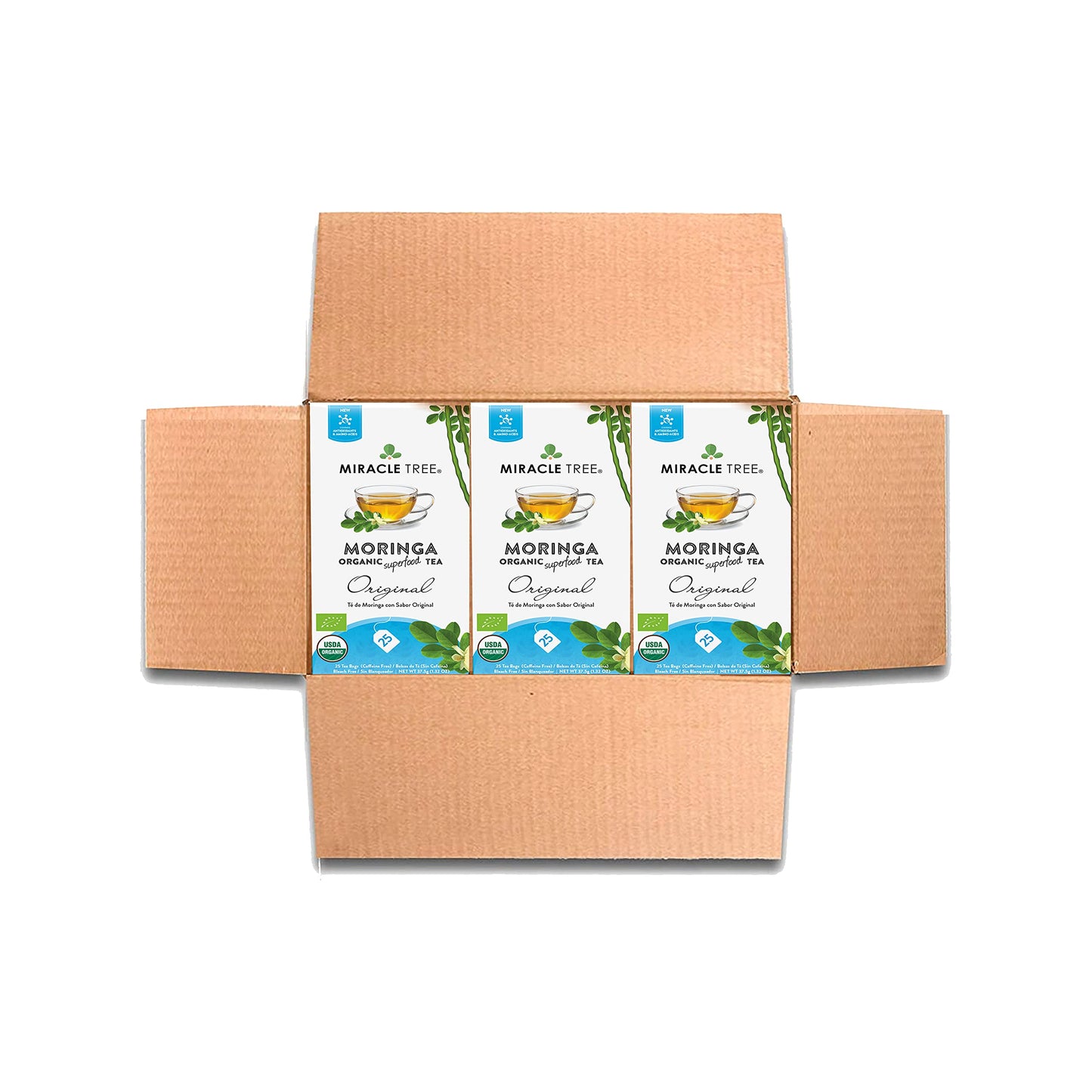 Miracle Tree Organic Moringa Superfood Tea - 25 Sealed Bags, 3 Count, Vegan, Gluten-Free, Caffeine-Free