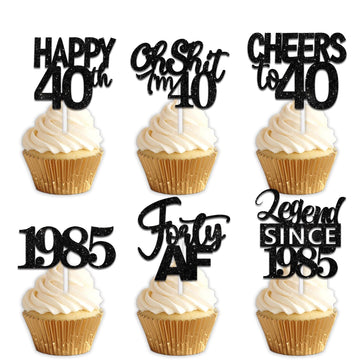 18pcs Black Glitter Happy 40th Dessert Cupcake Topper Pick for Funny Legend Since 1985 Theme Decor Supplies Men Women Happy 40 B