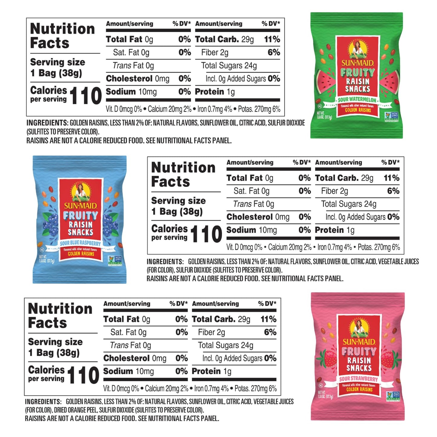 Sun-Maid Fruity Raisin Snack Variety Pack - Sour Strawberry, Watermelon & Blue Raspberry - 24 Pack (1.33 oz Pouches)
