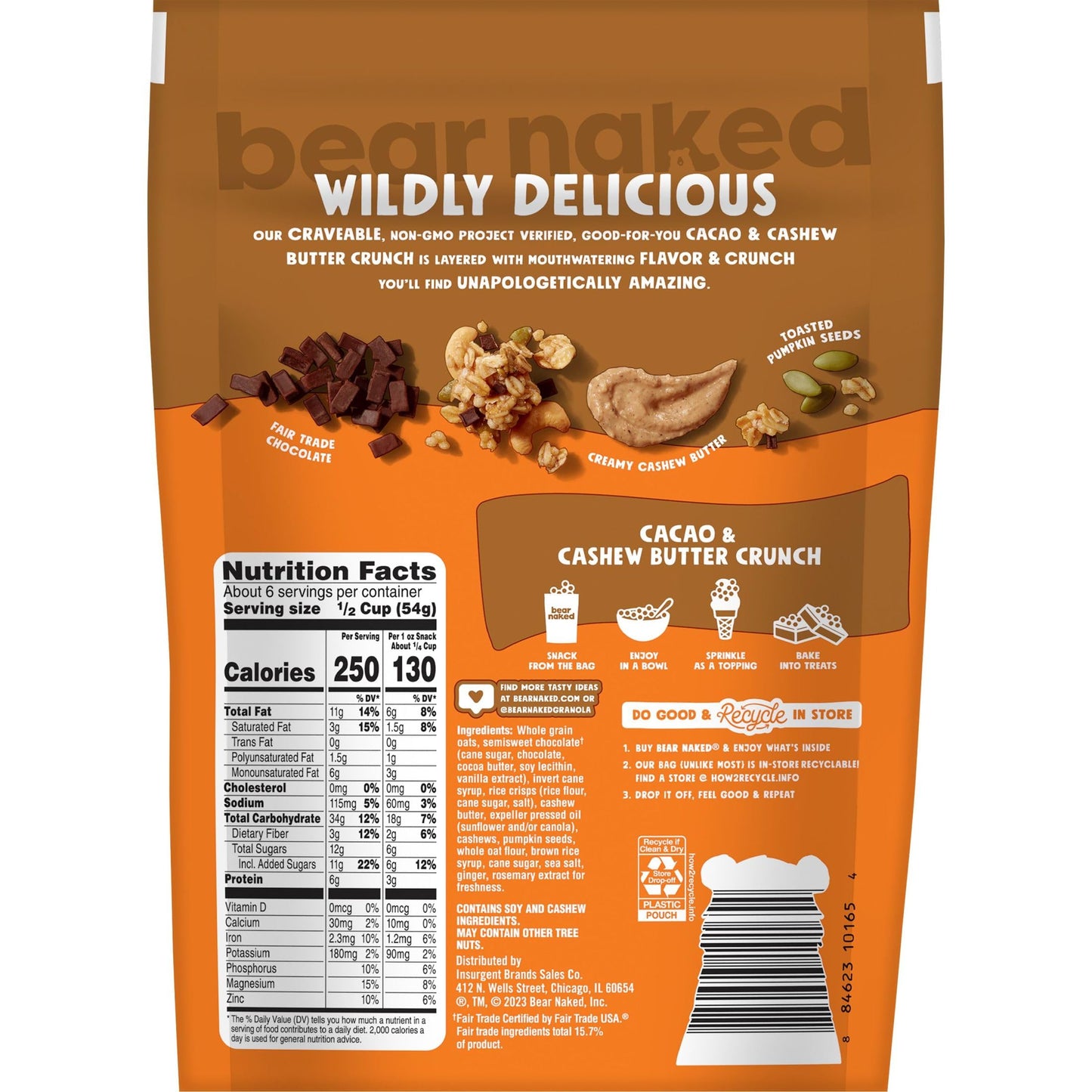 Bear Naked Granola Cereal, Whole Grain Granola, Breakfast Snacks, Cacao and Cashew Butter Crunch, 11oz Bag (1 Bag)