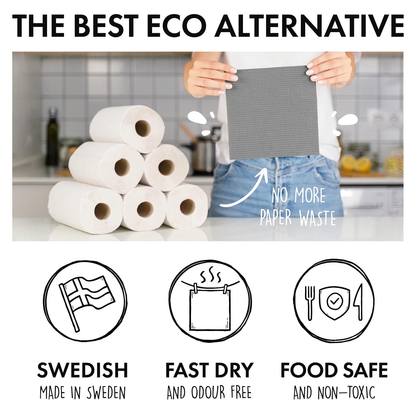 SUPERSCANDI Swedish Dishcloths, Reusable Biodegradable Cellulose, 6 Pack White - Eco-Friendly Kitchen Cleaning Cloths, 8 x 7 inches