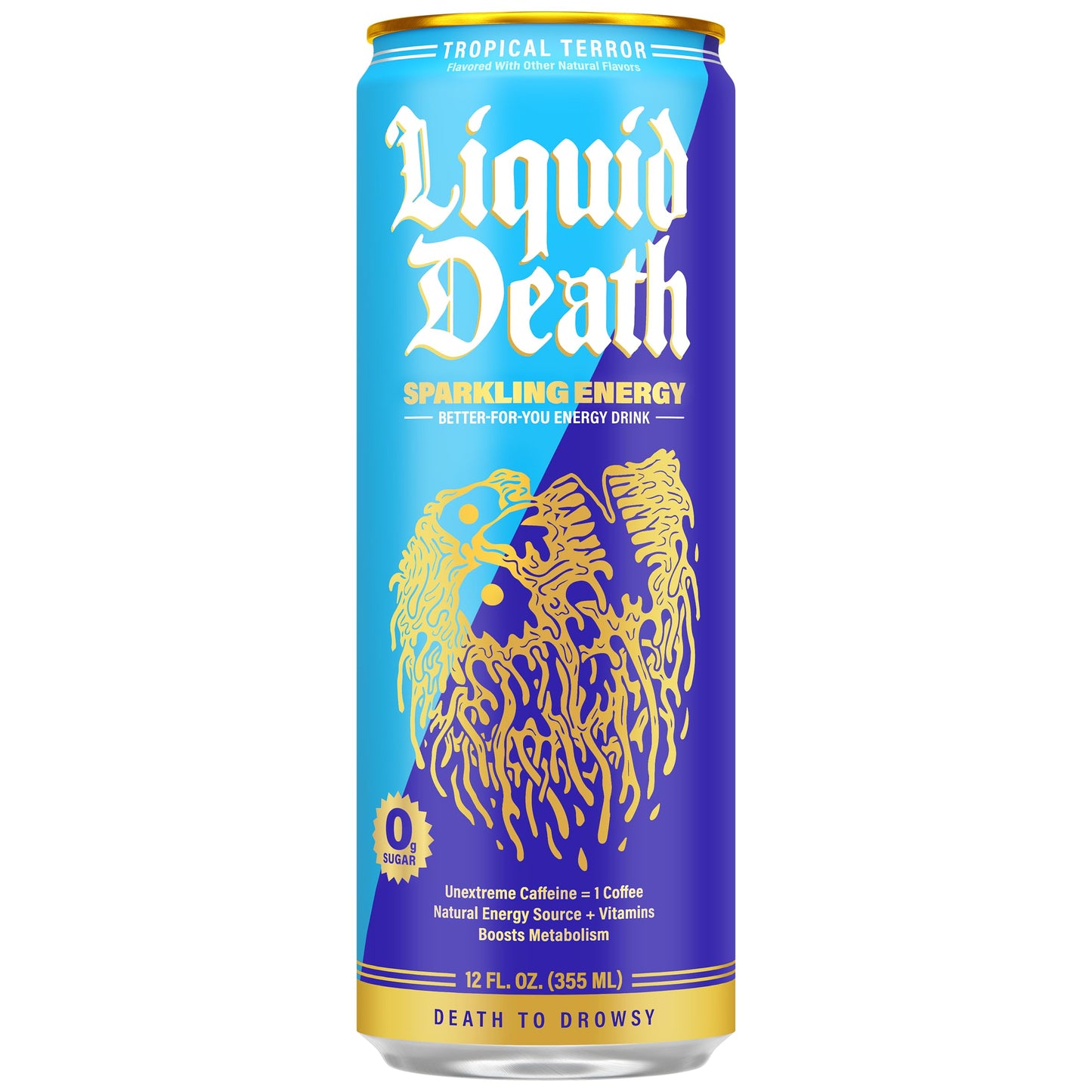Liquid Death Sparkling Energy - Tropical Terror (Pia Colada Flavor)  Sugar-Free Energy Drink  Unextreme Caffeine 100mg  Essential Vitamins  12 Fl Oz (Pack of 12)