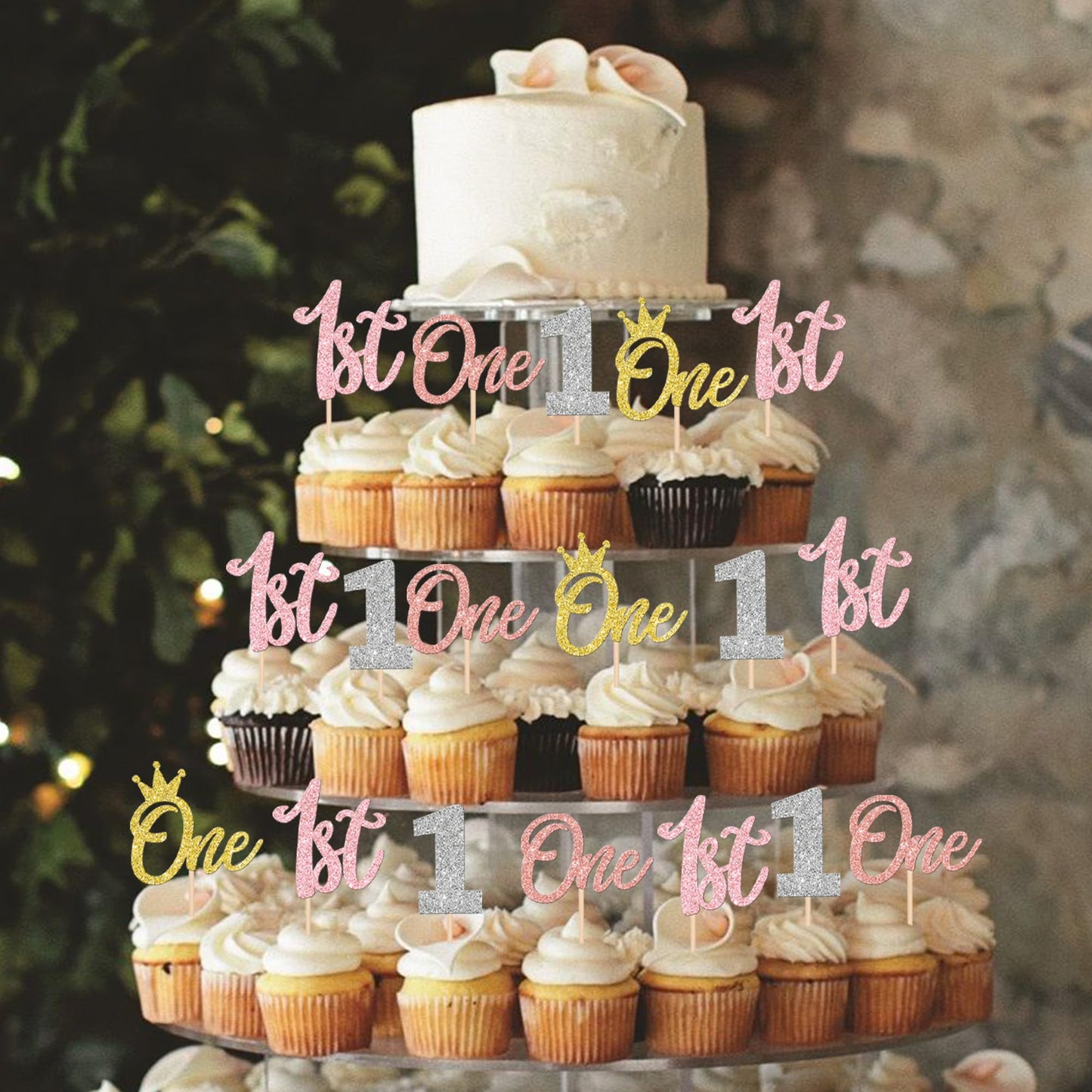 24 Pcs One Cupcake Toppers Glitter Crown One 1St Birthday Cupcake Picks Number 1 One Cake Picks For Baby Shower Kids First Birth