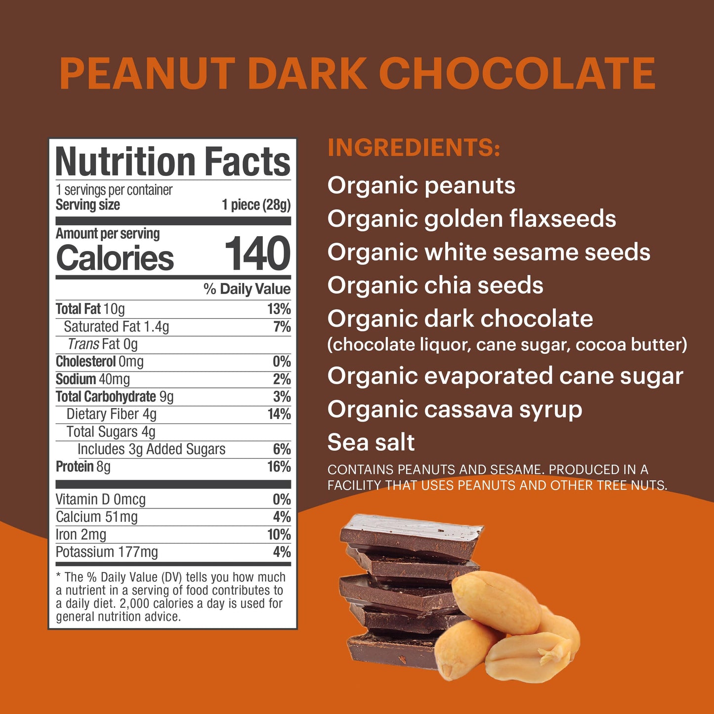 Tosi Dark Chocolate Peanut Butter Protein Bars, Plant Based With Nuts, Gluten-Free Crunchy Snacks, Vegan, Organic, Flax & Chia S