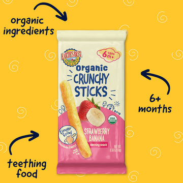 Earth'S Best Organic Baby Food, Dissolvable Teething Snack For Babies 6 Months And Older, Strawberry Banana Crunchy Sticks, .56