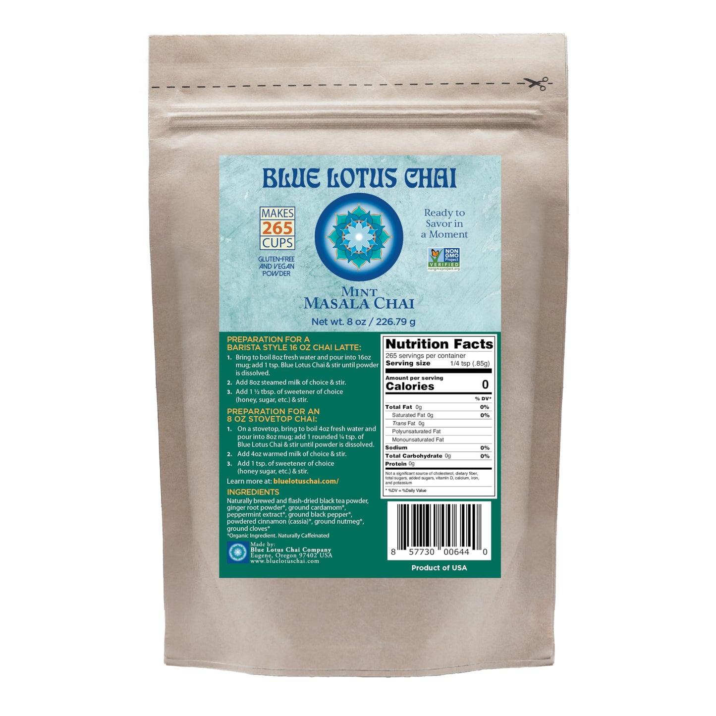 Blue Lotus Chai - Mint Masala Chai - Makes 265 Cups - Just Add Hot Water, No Steeping, No Gluten - 8 Ounce Masala Chai Powder wi