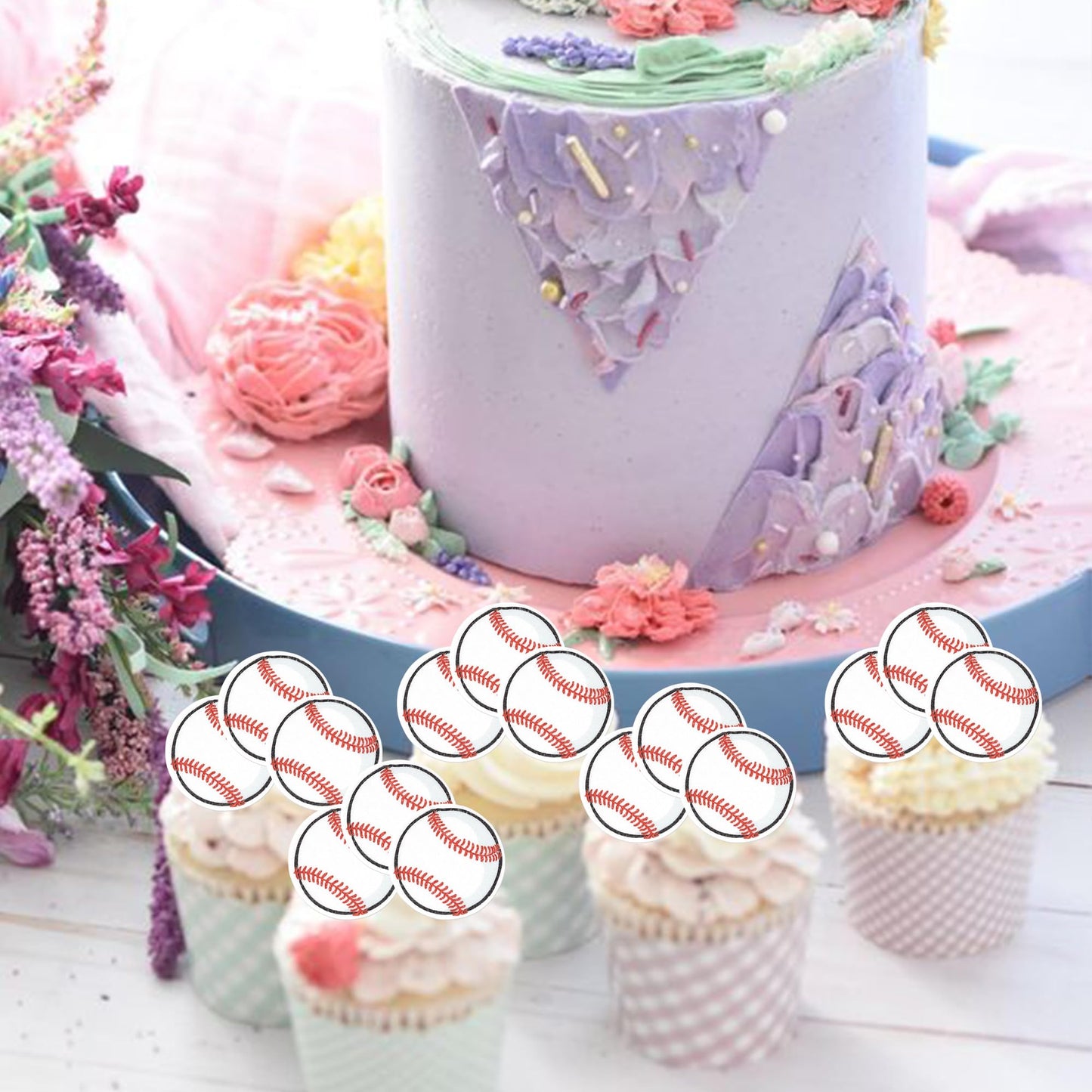 Rssta i 48 Pack Edible Baseball Cupcake Toppers - Sport Ball Theme, 1.3x1.3 inch, Perfect for Kids Birthday Parties and Baby Showers