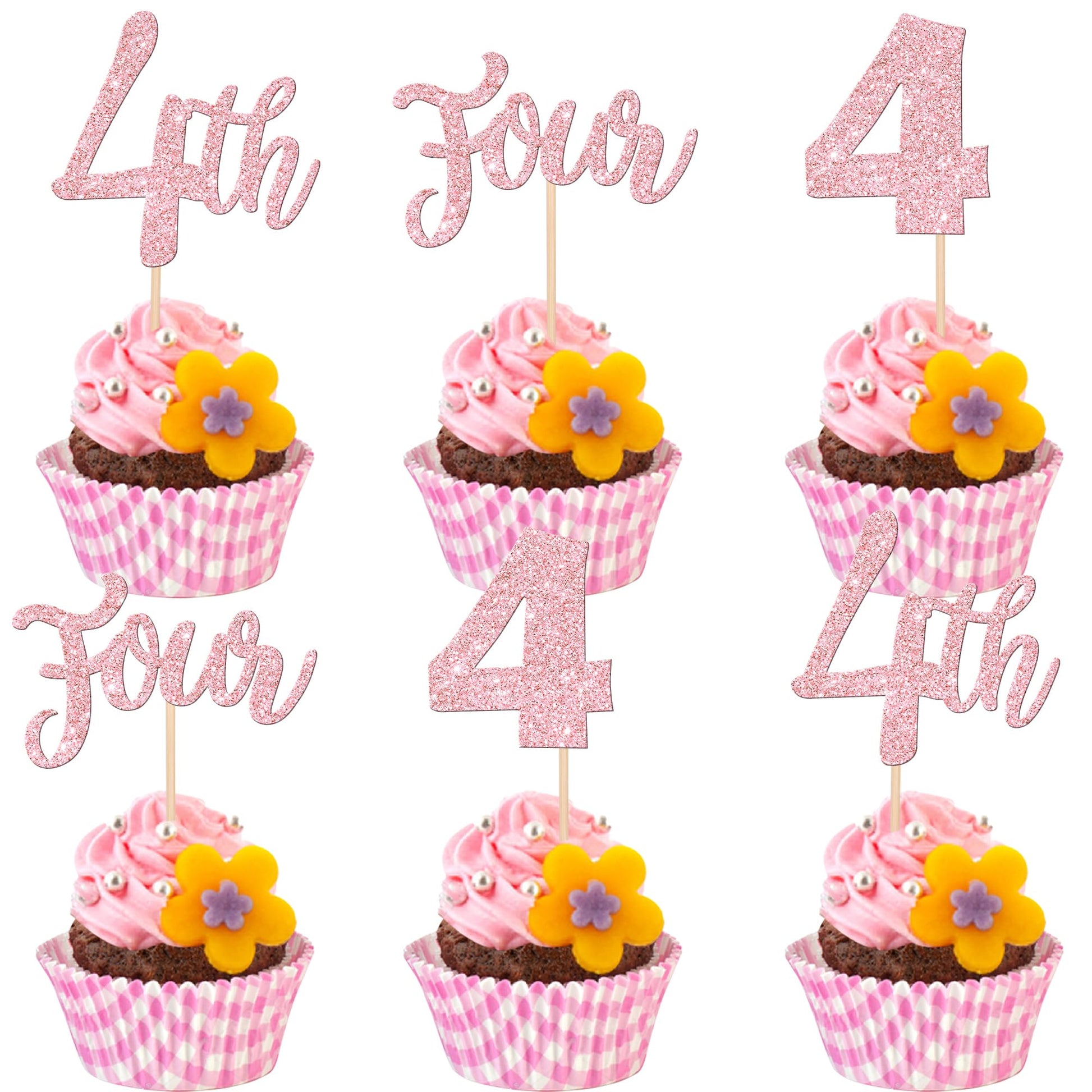 24 PCS 4th Birthday Cupcake Toppers Glitter Four Birthday Cupcake Picks Number 4 Cake Toppers for Baby Shower Kids 4th Birthday 