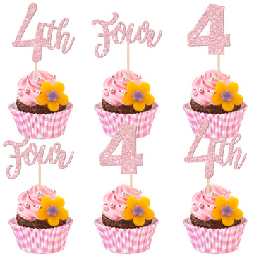 24 PCS 4th Birthday Cupcake Toppers Glitter Four Birthday Cupcake Picks Number 4 Cake Toppers for Baby Shower Kids 4th Birthday 