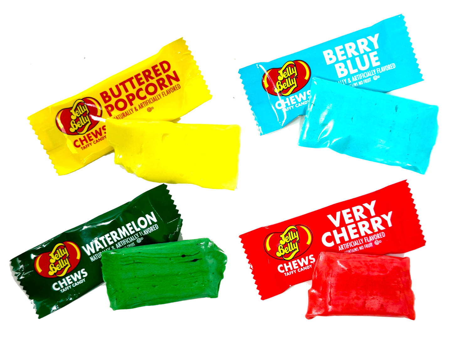 Jelly Belly Chews Taffy Candy Individually Wrapped Bulk Candy Chews - Jelly Belly Buttered Popcorn, Watermelon, Berry Blue and V
