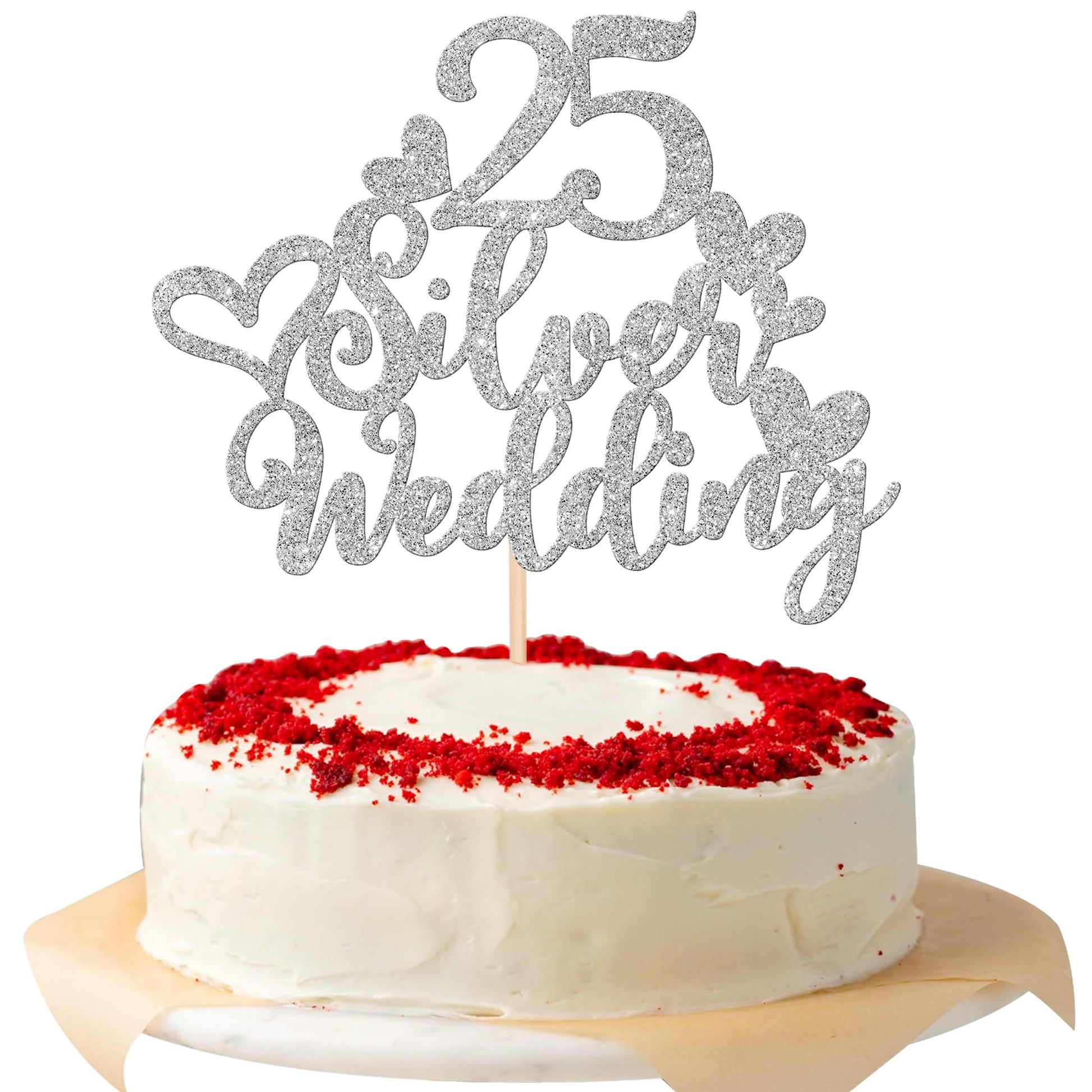 1 PCS 25th Wedding Anniversary Cake Topper Glitter Heart 25 Silver Wedding Cake Pick Cheers to 25 Years Cake Decoration for Happ