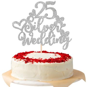 1 PCS 25th Wedding Anniversary Cake Topper Glitter Heart 25 Silver Wedding Cake Pick Cheers to 25 Years Cake Decoration for Happ