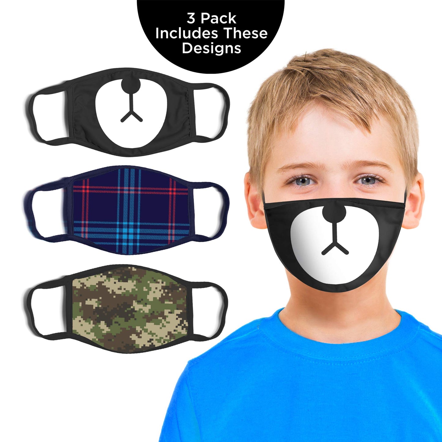 Abg Accessories Boys' 3-Pack Fashionable Protection, Reusable Fabric Face Age 3-7 Masks For Kids, Cat Design, 3 Count (Pack Of 1