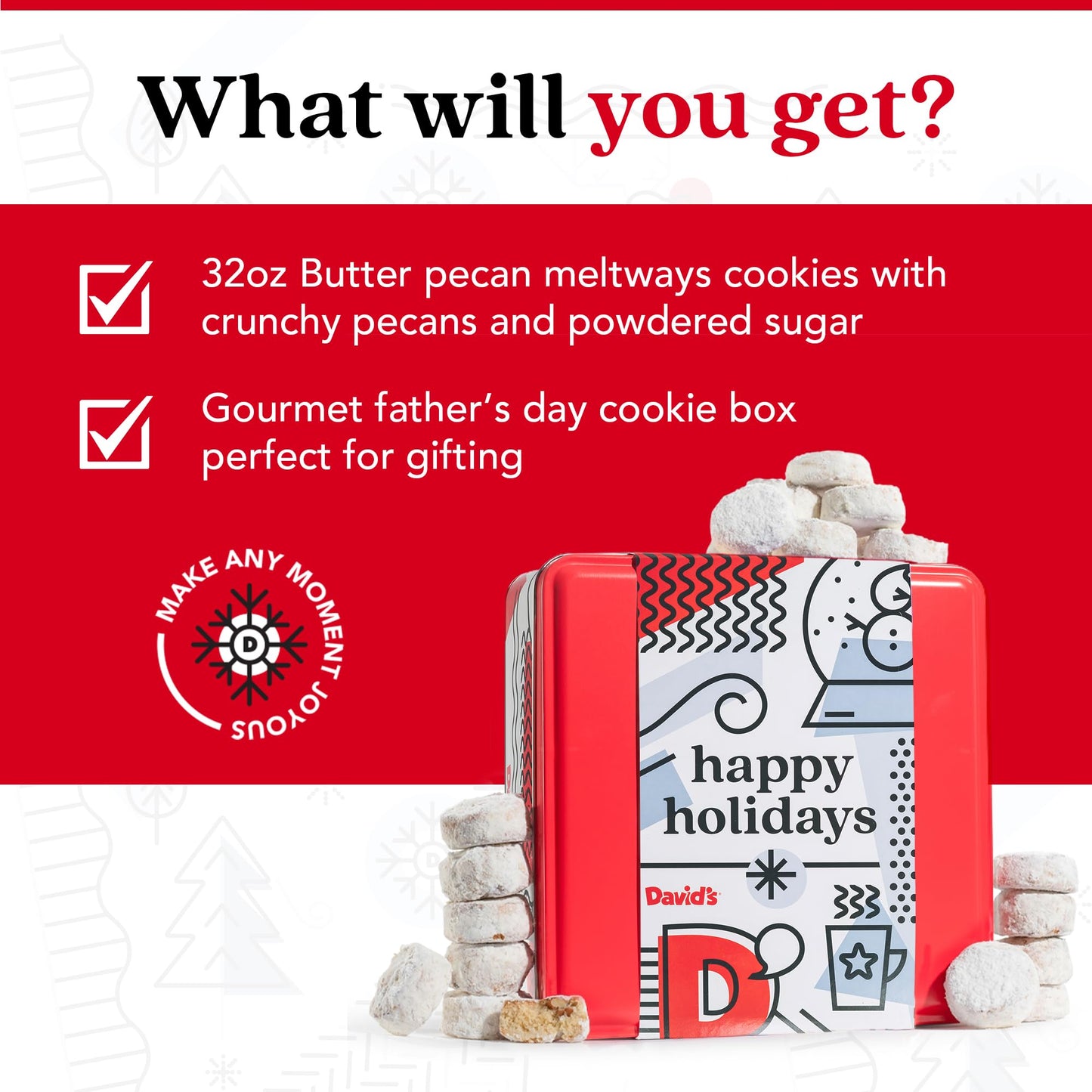 Davids Cookies Butter Pecan Meltaways Flavored Cookies With Crunchy Pecans In A Happy Holidays Themed Tin Gift Box - Deliciously