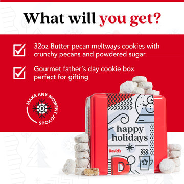 Davids Cookies Butter Pecan Meltaways Flavored Cookies With Crunchy Pecans In A Happy Holidays Themed Tin Gift Box - Deliciously